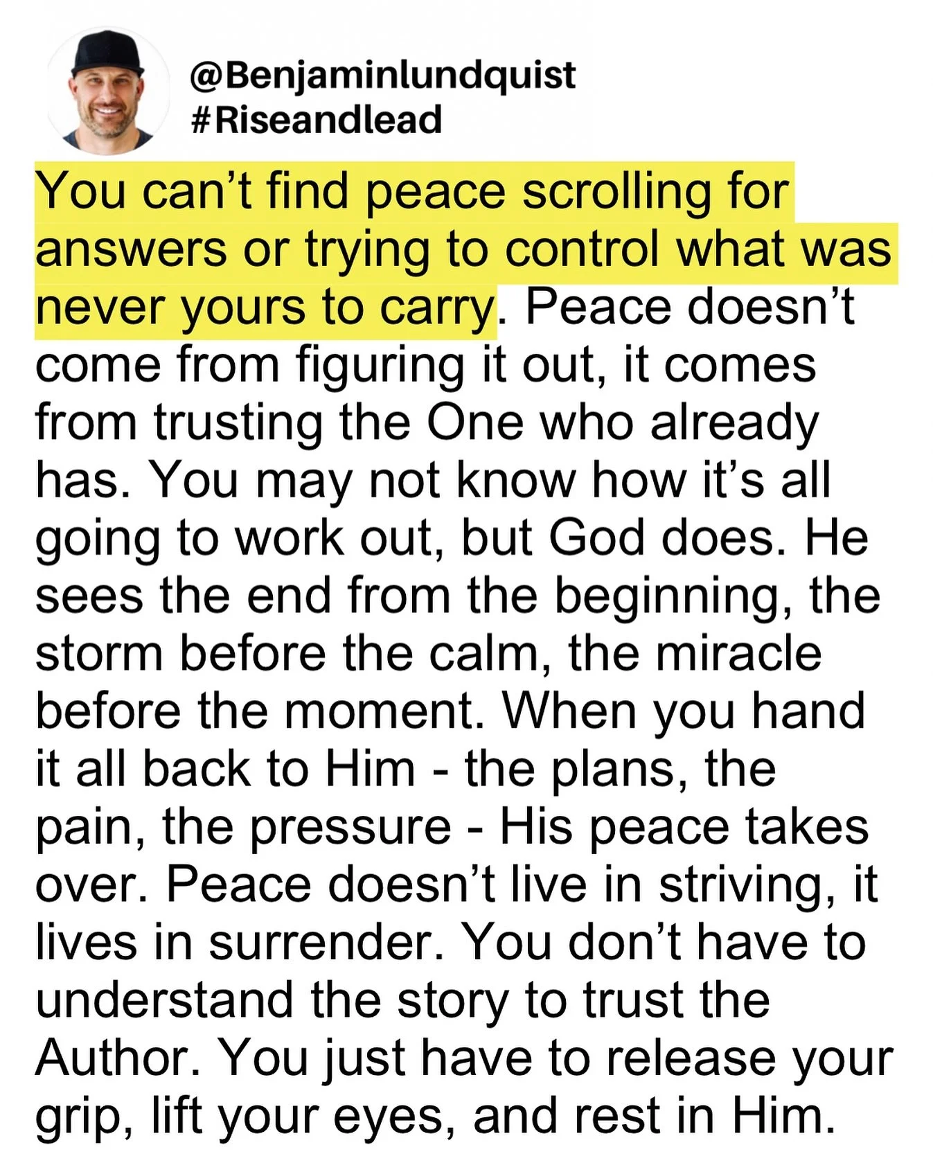 Type &ldquo;amen&rdquo; below and share to encourage someone else. There&rsquo;s a kind of peace the world can&rsquo;t give and can&rsquo;t take away. It&rsquo;s not found in control, success, or certainty - it&rsquo;s found in surrender. Jesus said,