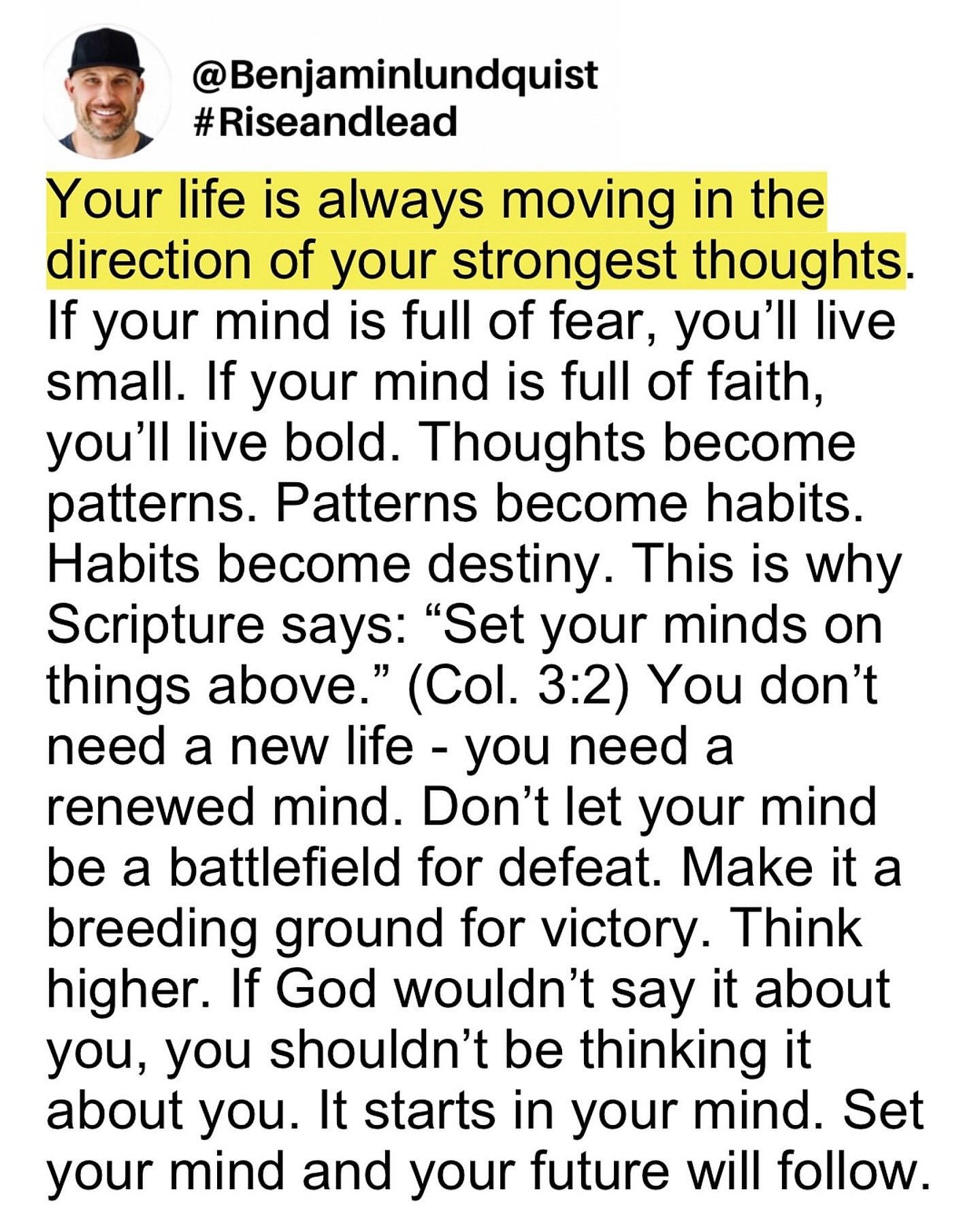 Type &ldquo;amen&rdquo; below and share this to encourage someone else. If God wouldn&rsquo;t say it about you, you shouldn&rsquo;t be thinking it about you. It starts in your mind. Set your mind and your future will follow. 🙏🏽
-
@Benjaminlundquist