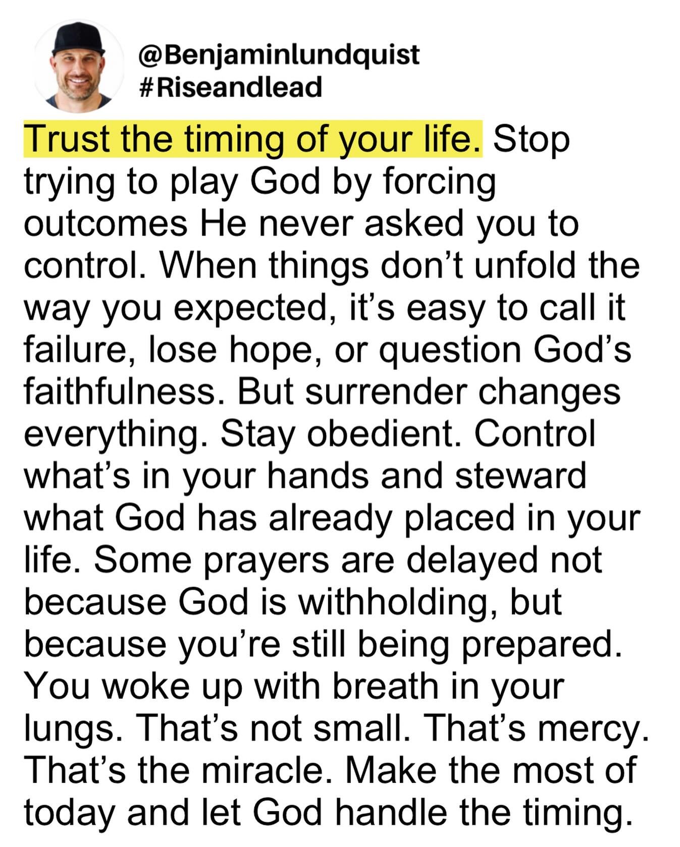 Type &ldquo;amen&rdquo; below and share this to encourage someone else. Trust the timing. Trust the process. Trust God. You&rsquo;re not behind. You&rsquo;re being prepared. Breathe. Obey. Steward today. Let God handle the outcome. 🙏🏽
-
@Benjaminlu