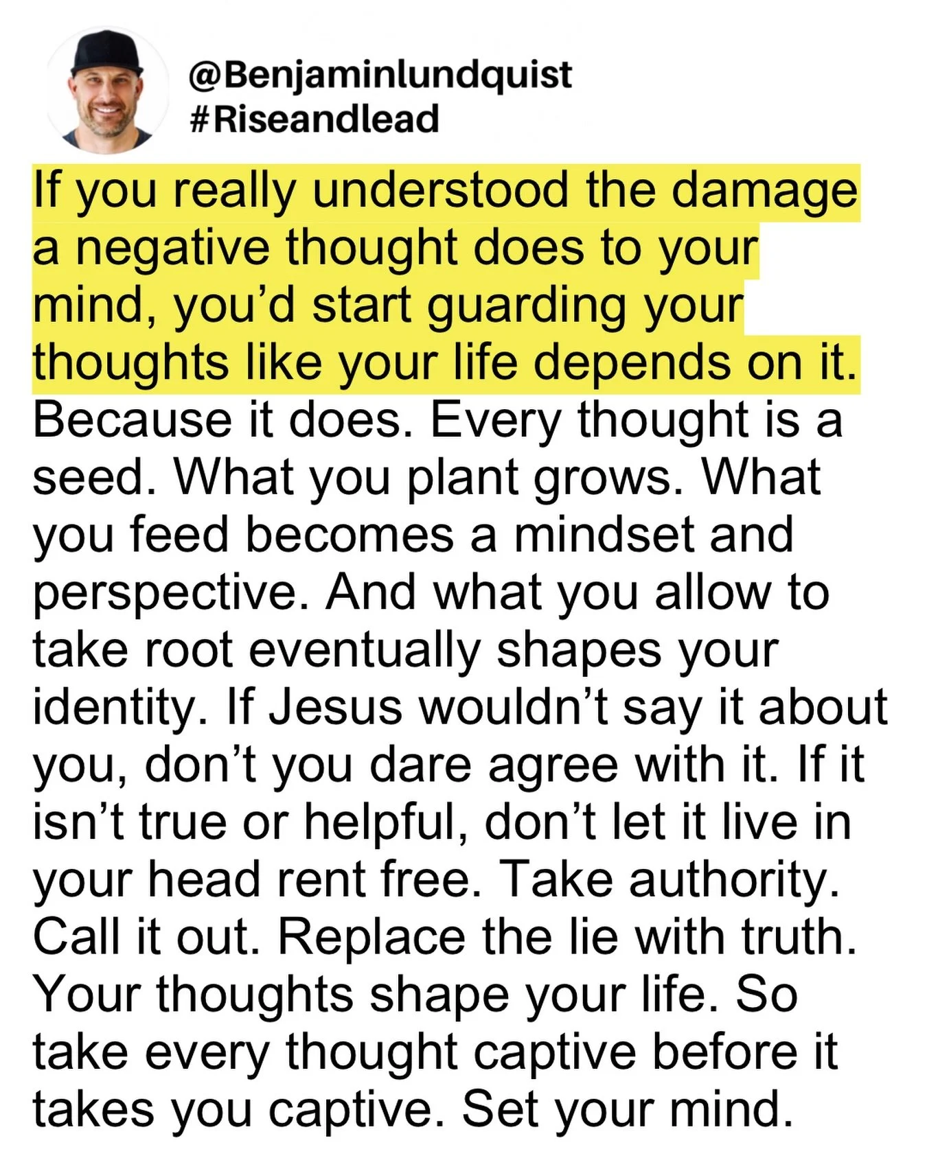 Type &ldquo;amen&rdquo; below and share this post to encourage someone else. Your mind is a battleground and every thought is either building you up or tearing you down. You don&rsquo;t have to believe every thought that crosses your mind. Not every 