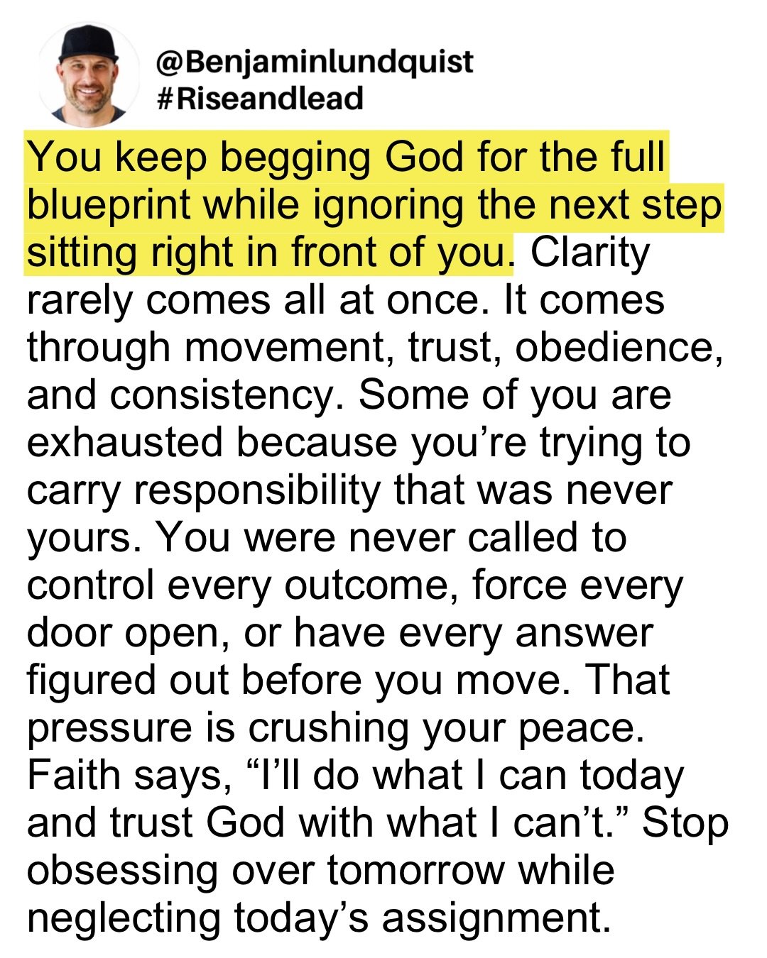 Type &ldquo;amen&rdquo; below and share to encourage someone else. Some of you are carrying pressure God never asked you to carry. You&rsquo;re trying to force outcomes, control timelines, and figure out every detail before you move. That&rsquo;s not