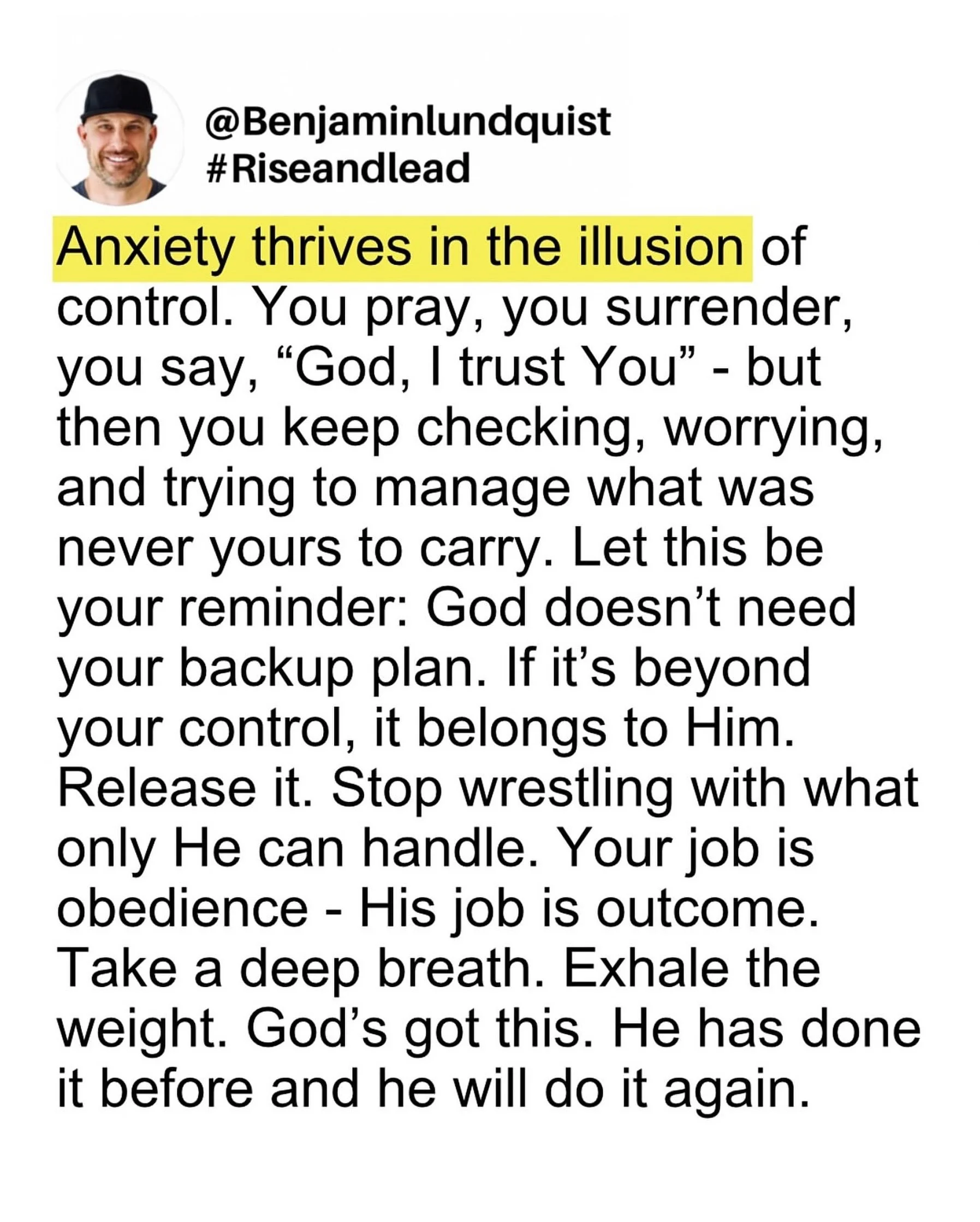 Type &ldquo;amen&rdquo; below and share this to encourage someone else. Take a deep breath. Exhale the weight. God&rsquo;s got this. He has done it before and he will do it again. 🙏🏽
-
@Benjaminlundquist #Riseandlead #inspiration #motivation #faith