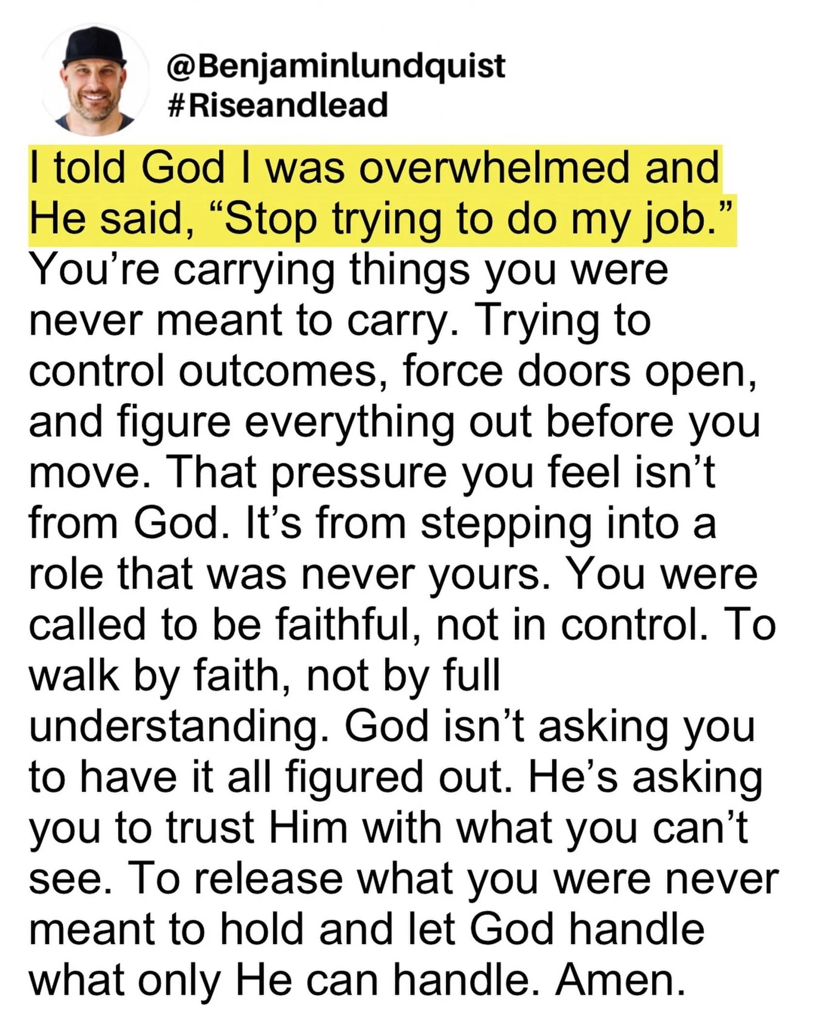 Type &ldquo;amen&rdquo; below and share this post to encourage someone else. You don&rsquo;t have to carry what God never asked you to hold. The weight you feel is often the result of trying to control what only He can handle. Peace comes when you re
