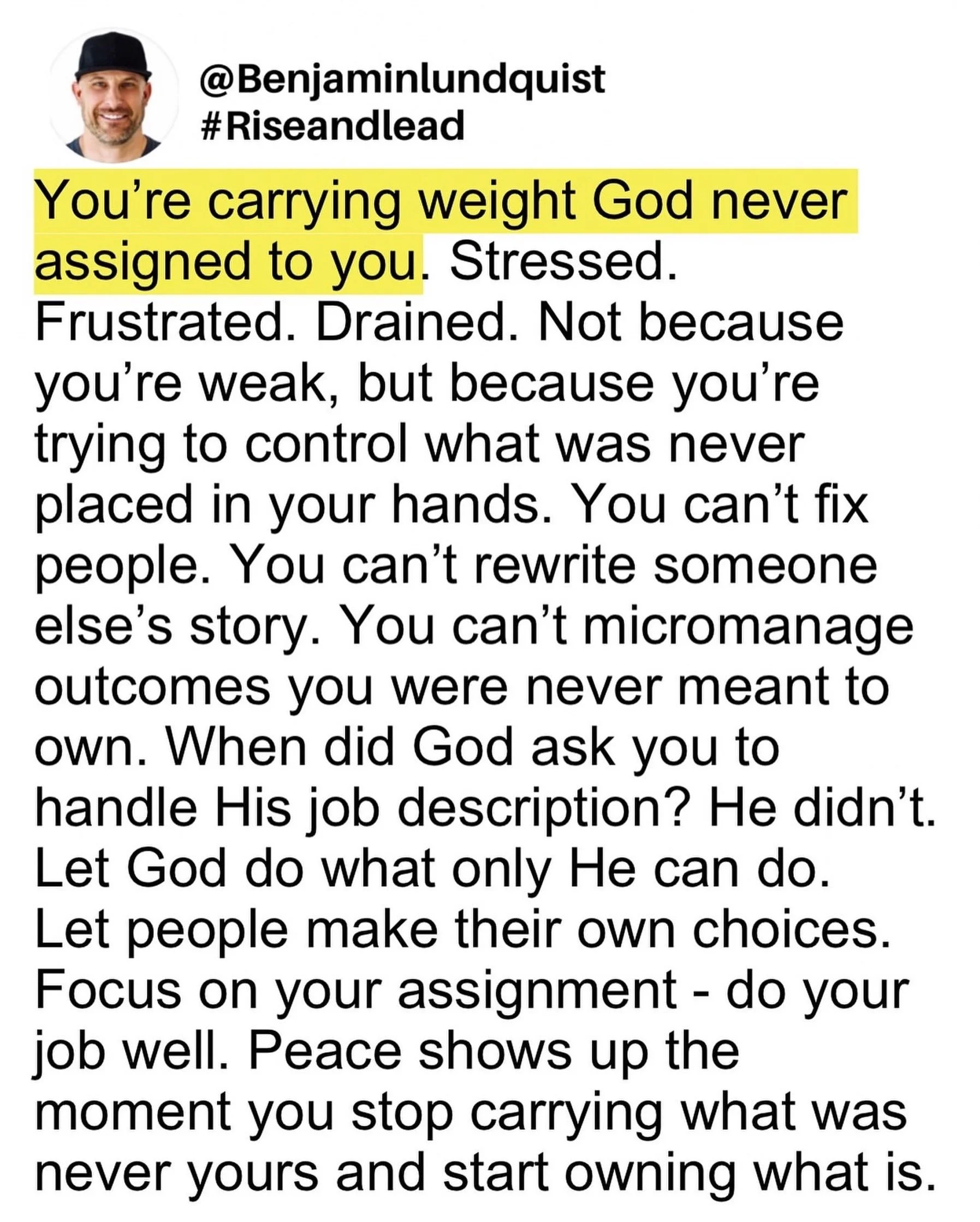 Type &ldquo;amen&rdquo; below and share to encourage someone else. Most of the stress we battle isn&rsquo;t spiritual attack, it&rsquo;s mismanaged focus. We exhaust ourselves trying to control outcomes we can&rsquo;t change and people we were never 