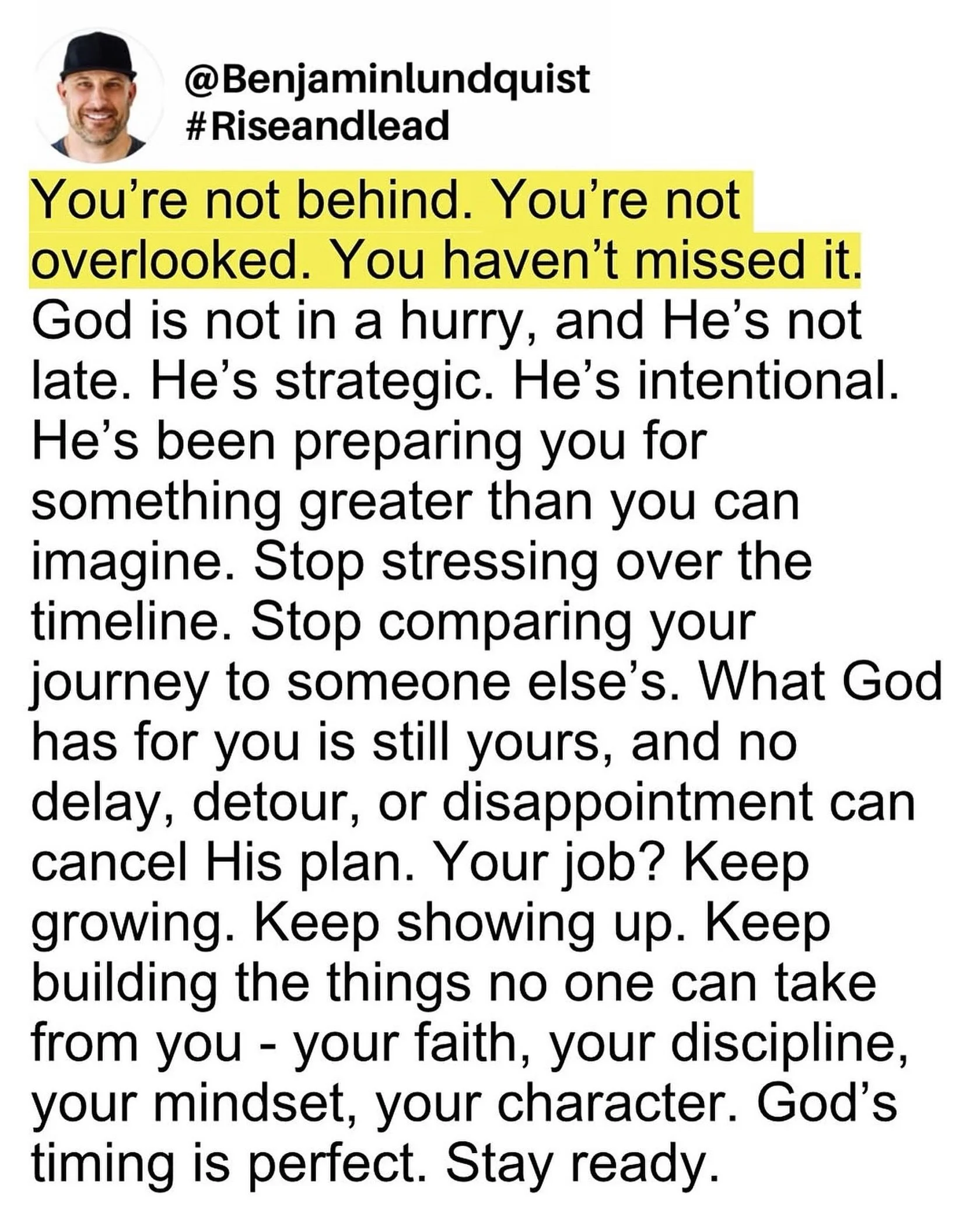 Type &ldquo;amen&rdquo; below and share to encourage someone else. Keep growing. Keep showing up. Keep building the things no one can take from you - your faith, your discipline, your mindset, your character. You are not behind. You are not overlooke