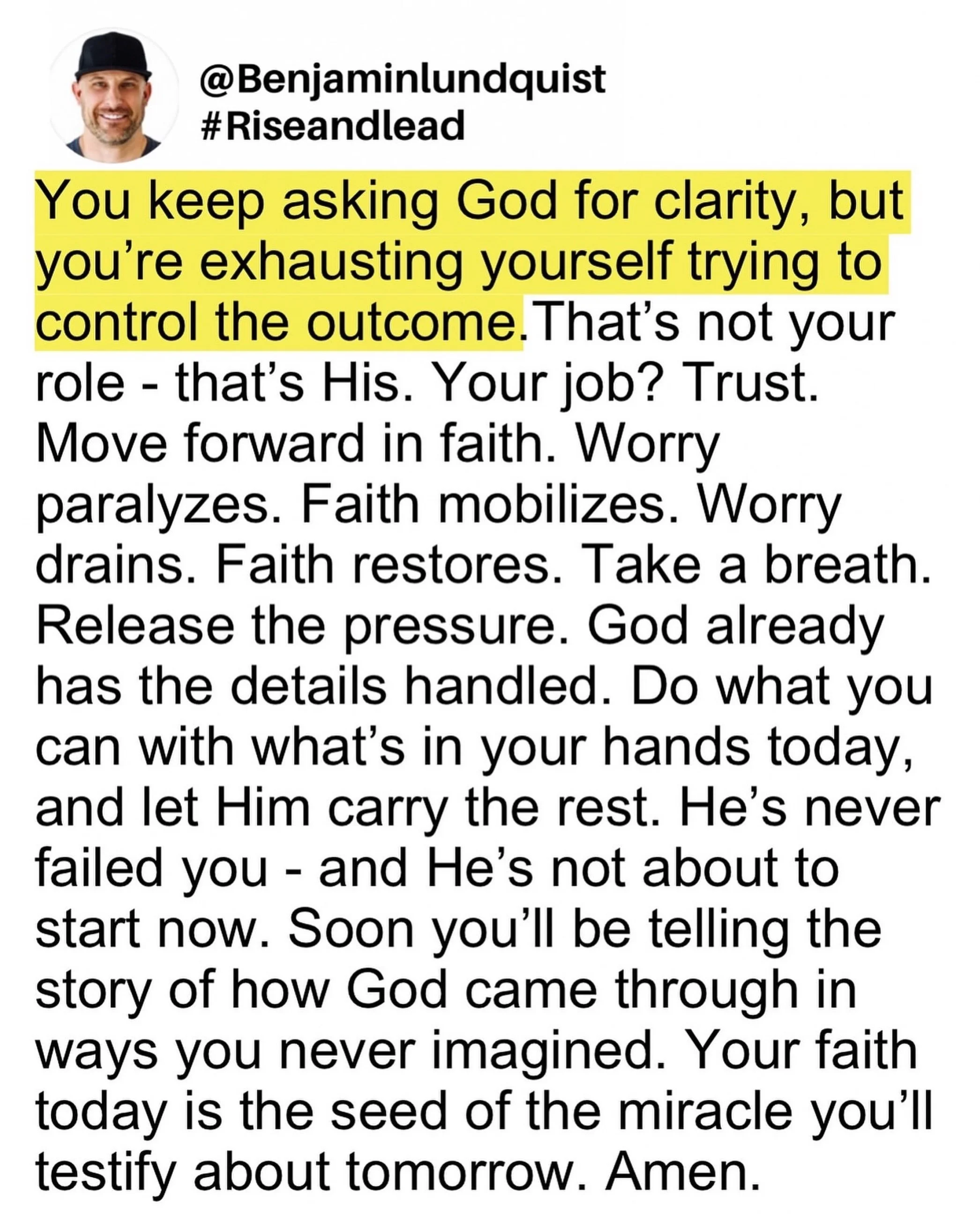 Type &ldquo;amen&rdquo; below and share to encourage someone else. Do what you can with what&rsquo;s in your hands today, and let Him carry the rest. He&rsquo;s never failed you - and He&rsquo;s not about to start now. Soon you&rsquo;ll be telling th