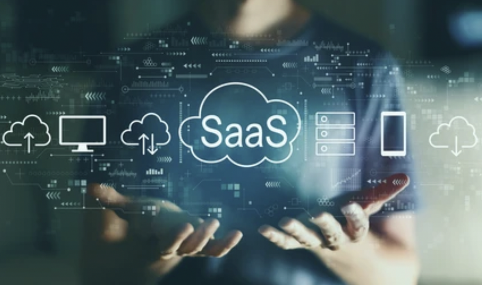 Person holding a digital tablet displaying a graphic with 'SaaS' inside a cloud, surrounded by icons representing cloud storage, computers, servers, and mobile devices.