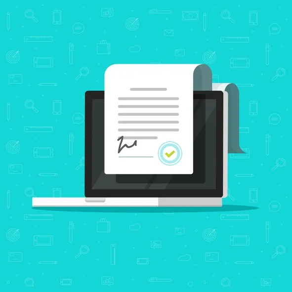 Laptop with a digital receipt or contract displayed on the screen, featuring a signature and a checkmark, against a blue background with abstract icons.