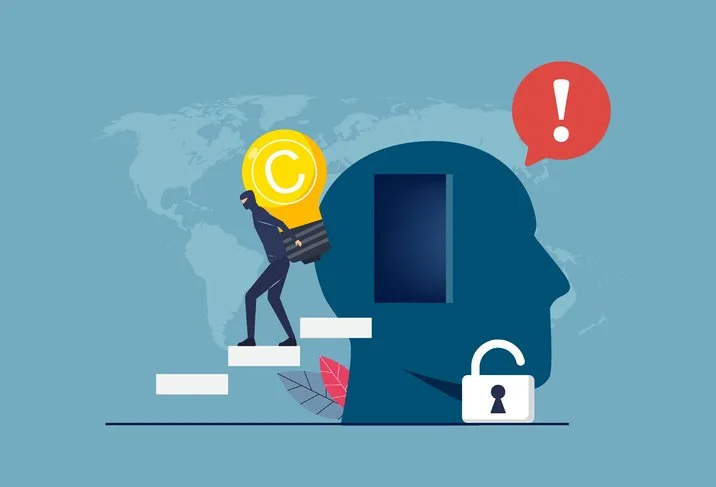 A person in a hoodie climbs stairs holding a copyright symbol, heading toward a human head profile with a lock and an exclamation mark, symbolizing copyright and privacy concerns.