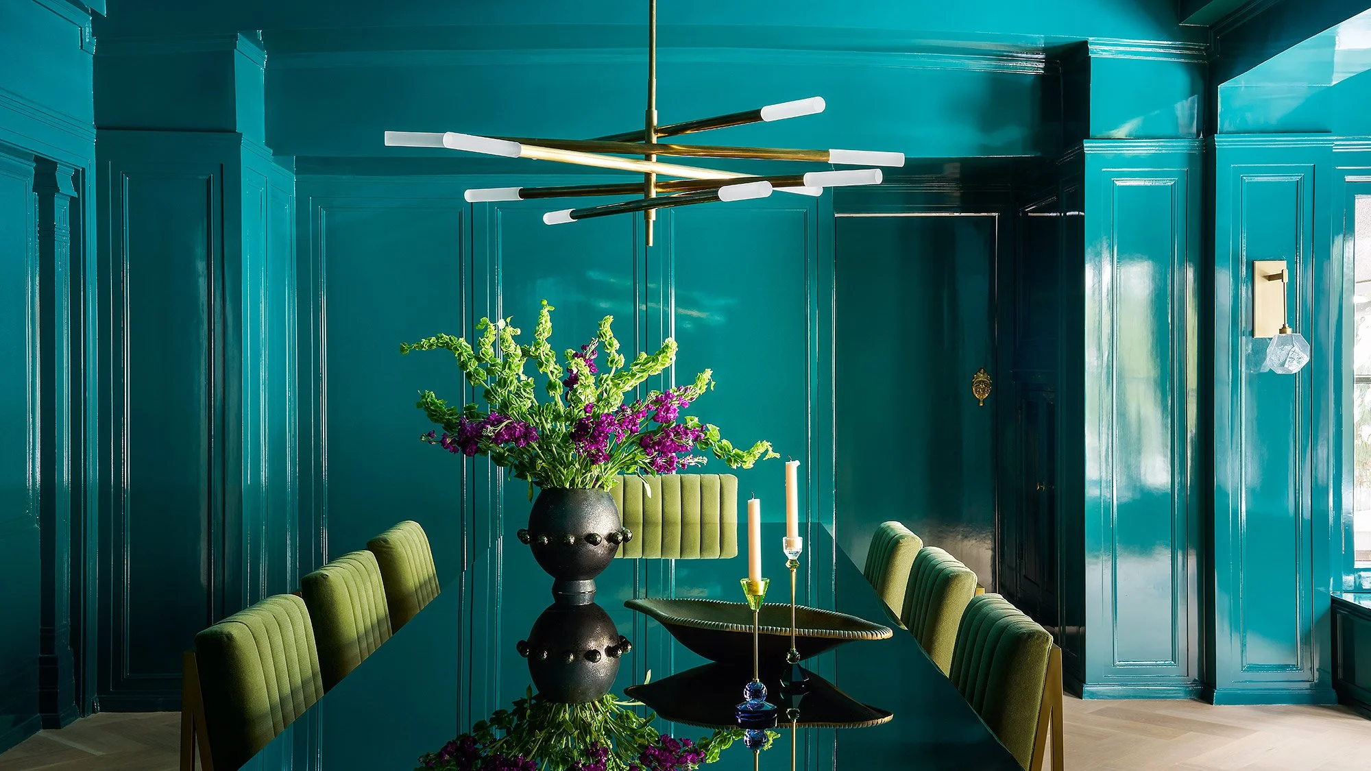 Custom lacquered dining room with high-gloss  finishes and luxury design, close-up view.