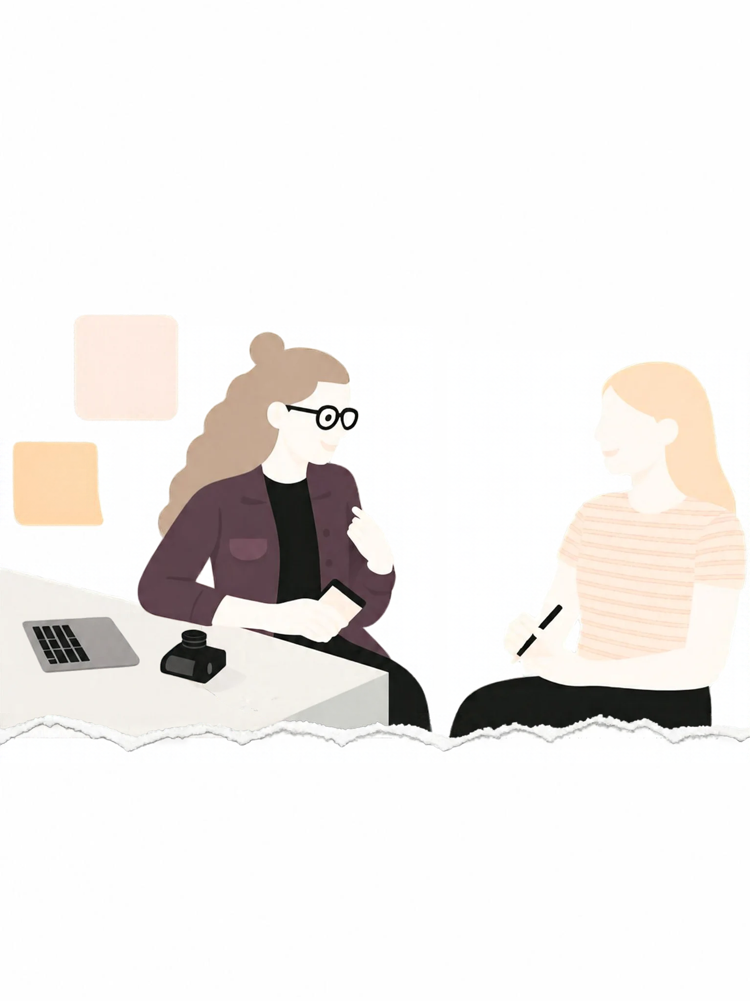 Illustration of two colleagues having a thoughtful conversation at a desk, representing stronger workplace communication