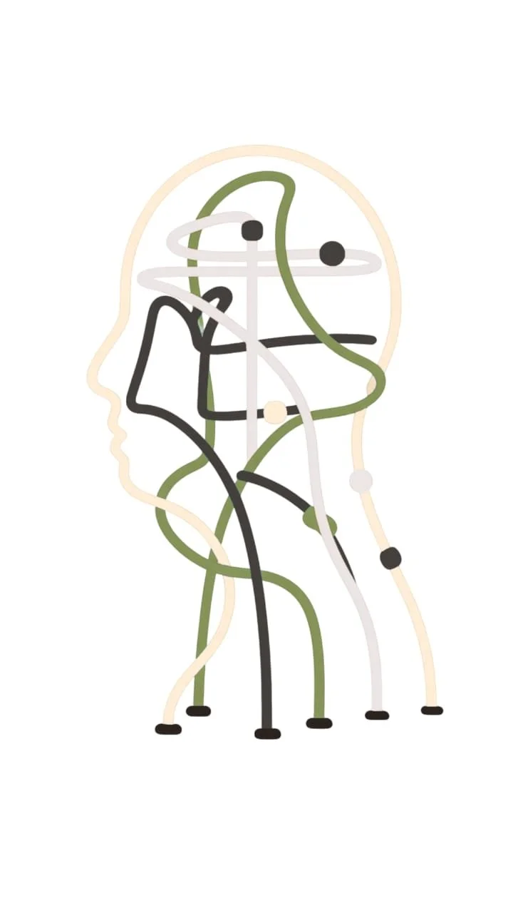 Abstract line drawing of a human head and body tangled in colored lines, representing complex emotions at work