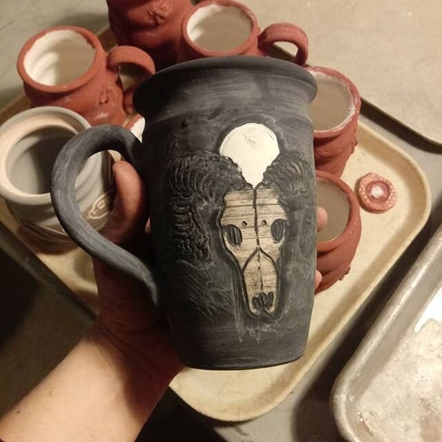 Ram skull mug post glaze, pre glaze firing... Shipping one to Olympia tomorrow and 2 are off to England! This will be my last glaze before my lil' girl arrives... #gaeanallusions #pottery #handmadeisbetter #processpic #ramskull