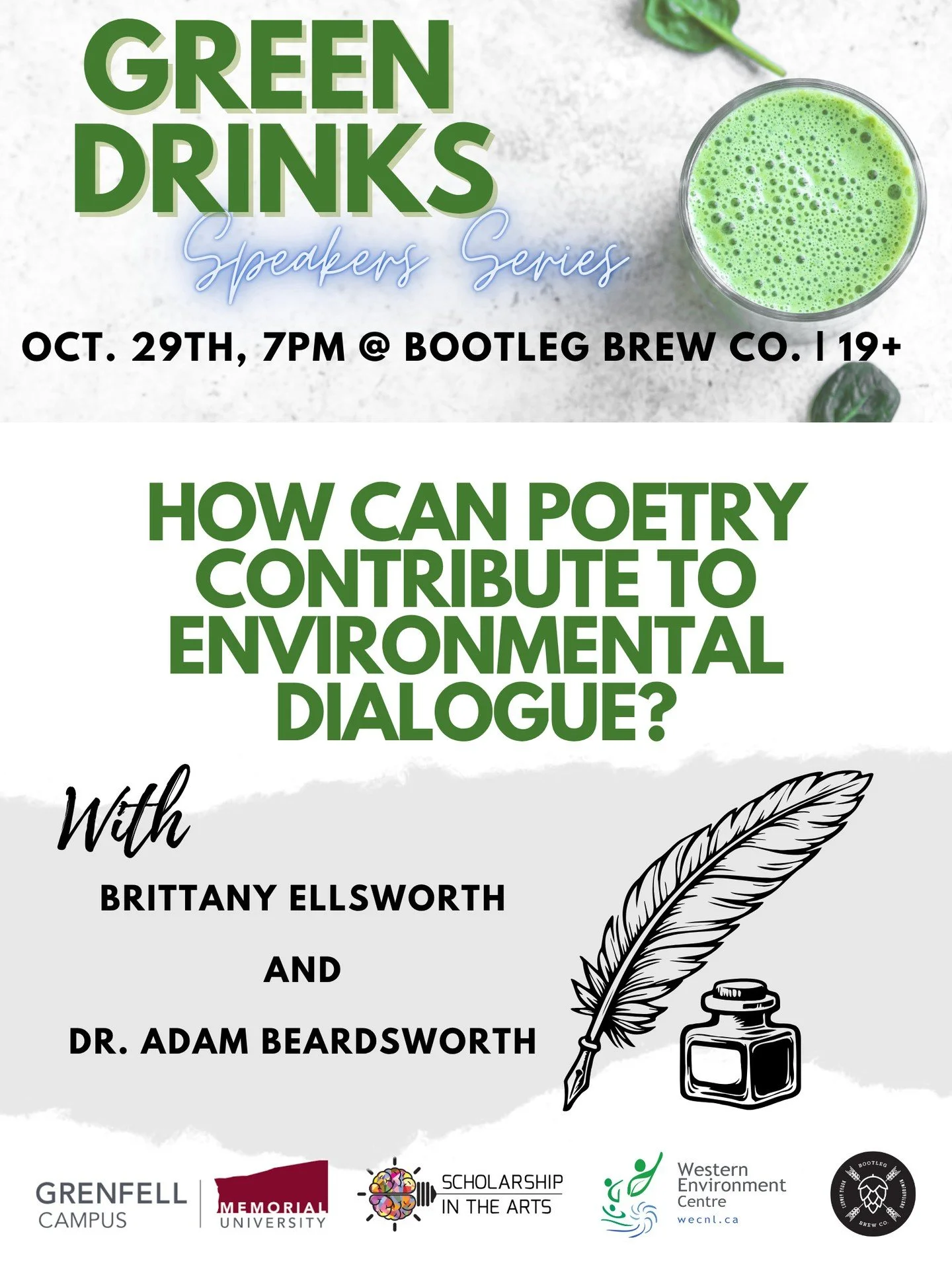 Join us on Wednesday, October 29th at 7 pm at Bootleg Brew Co (92 West Street) as we kick off our 7th season of the Green Drinks Speaker Series! 
 
This season starts with a special one focused on poetry.
We'll have our two speakers, Dr. Adam Beards