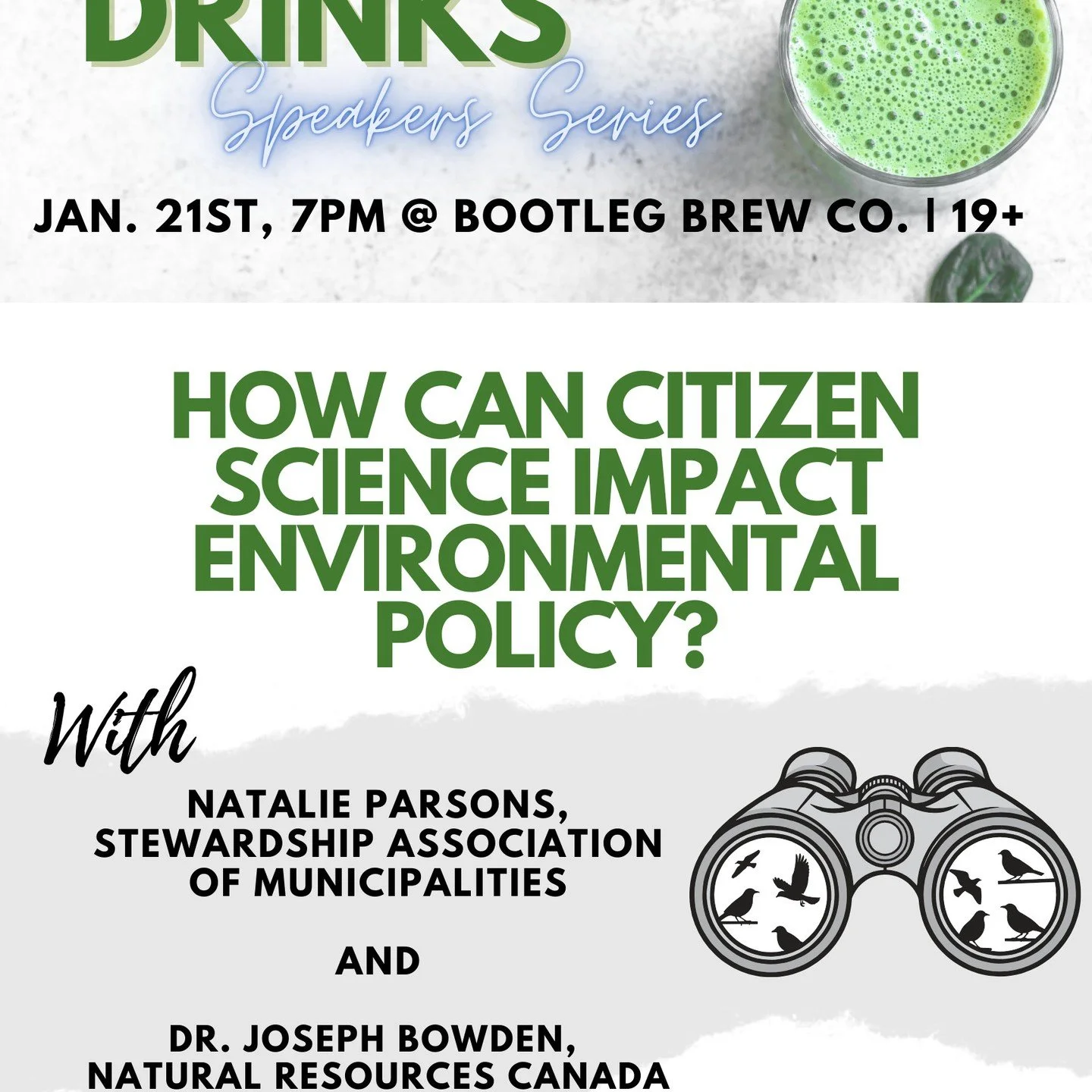 It's time for the second instalment of the Green Drinks Speaker Series!

Come on out and bring a friend on Wednesday, January 21st at 7 pm at Bootleg Brew Co (92 West Street in Corner Brook) to enjoy stimulating discussion, delightful company and fan