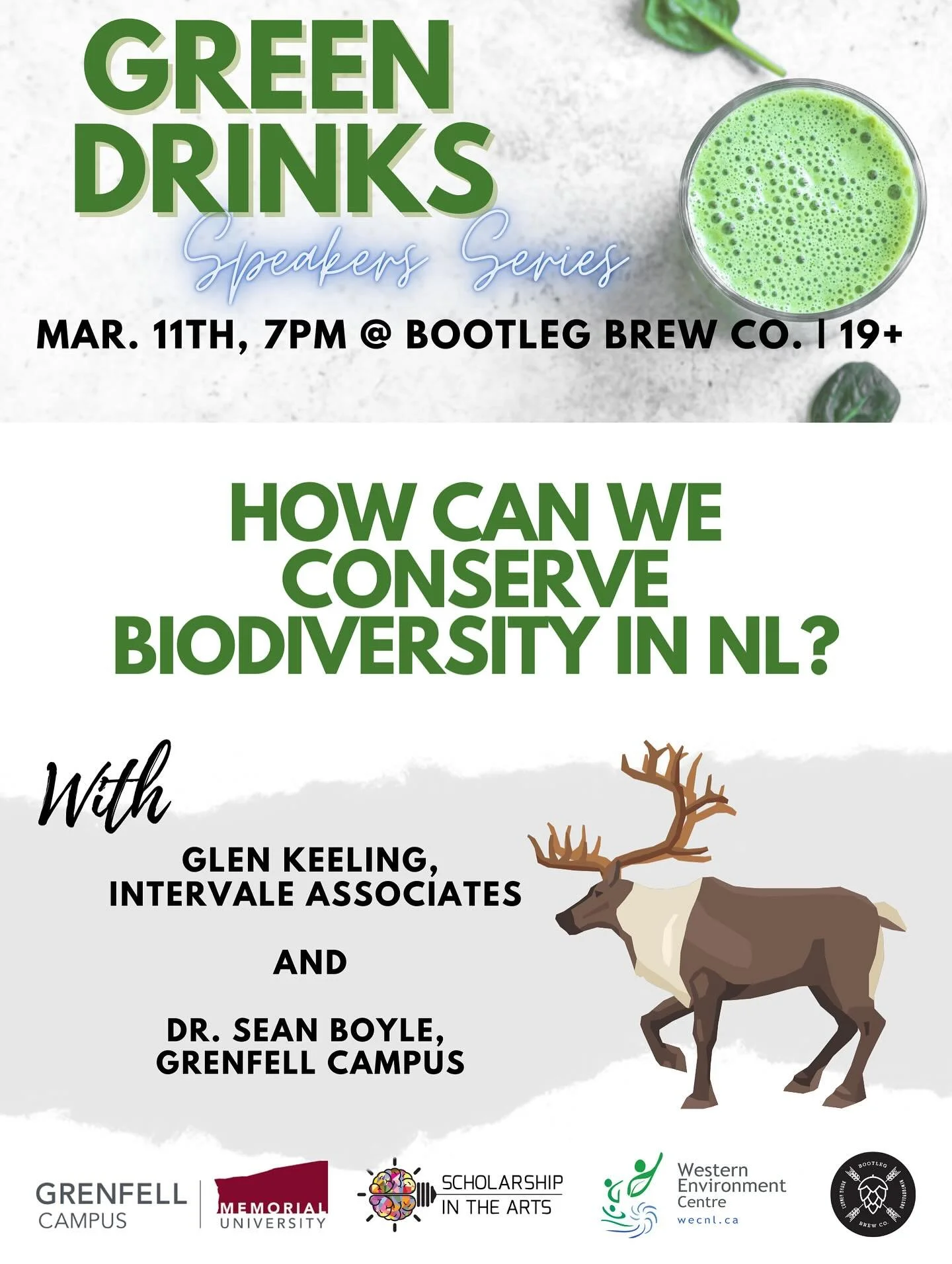 The third event in our Green Drinks Speaker Series is coming up next week!

Join us for a conversation on Wednesday, March 11th all about biodiversity in Newfoundland and Labrador. 

Our speakers will be Dr. Sean Boyle, faculty member in environmenta