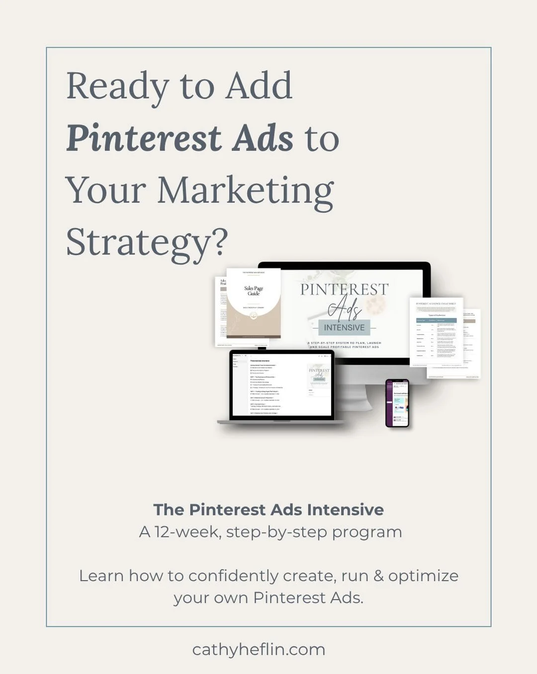 If Pinterest Ads have been on your &ldquo;I really need to figure this out&rdquo; list, this is for you.

Over 12 weeks, we&rsquo;ll work through the entire process together, from getting your account and tracking ready to building your strategy, cre