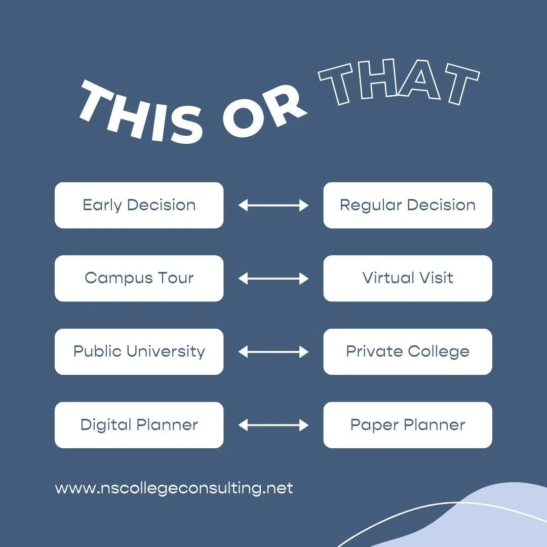 Let&rsquo;s play: This or That, College Edition! 

Which would you choose early decision or regular? Campus tour or virtual? Big school or small? Comment your picks. 📚 

#AdmissionsDecisions #CollegeSelection #CollegeBound