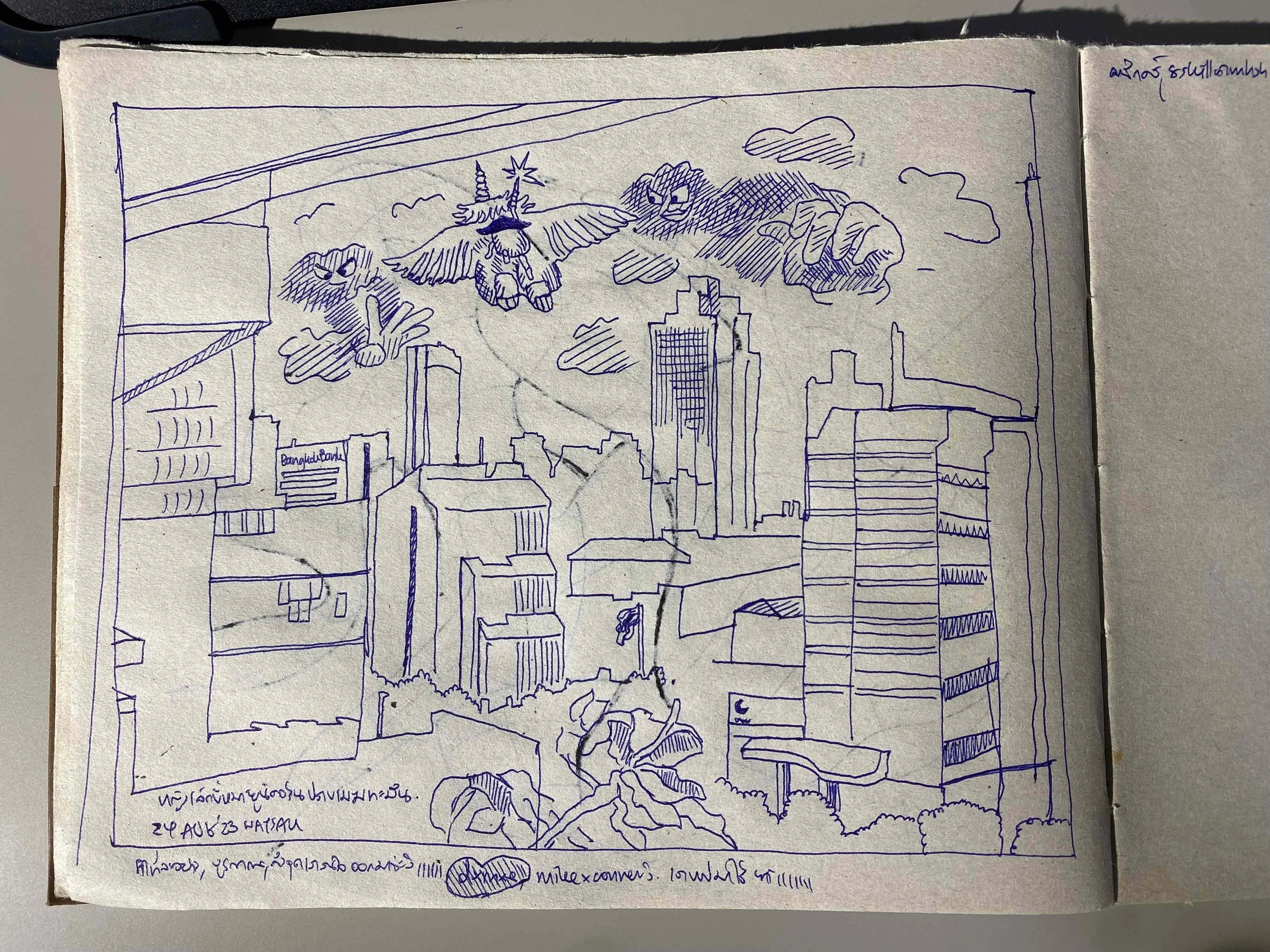 วาดล่าสุดสดๆร้อนๆ ไม่สิ เย็นๆ เพราะลมพัดวูบวาบ กับท้องฟ้าที่มีหมู่เมฆทะมึนครับ ผมฝึกวาดฉาก ด้วยวิธีคอนเนอร์เช่นเคย จากโลกจริง แล้วก็ไม่ลืม เล่าเรื่องไม้หัวไปด้วย เป็นช็อตที่หญิงเล้กขี่หมายูนิคอร์นไปปราบเหล่าเมฆร้ายที่ชอบเขวี้ยงปาอสุนีบาตครับ ช่วงนี้ย