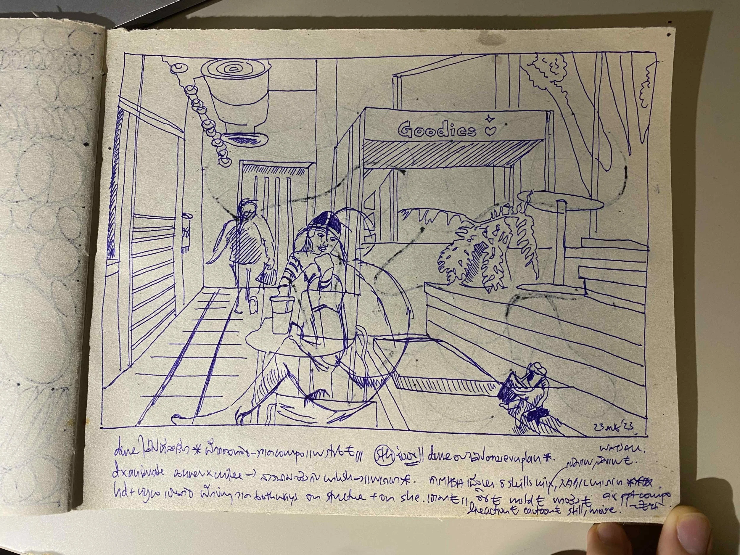 อันนี้ก็แบบฝึกคอนเนอร์วาดเปอเปคทีฟ มีใส่หญิงใหญ่เข้าไปด้วยครับ พยายามเริ่มจากเส้นขอบไล่เข้ามาครับ ก็ค่อนข้างเป็นแนวคิดสวนทางกับไมค์ซึ่งเน้น structure มองทะลุแหล่ะครับ ก็ลองดูว่าเราจะหยิบบทเรียนใครมาใช้ตรงไหนยังไงครับ
