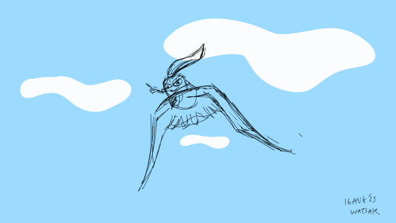 เมื่อวานเรียนวาดสัตว์เลยได้วาดหญิงเล้กขี่นกบินครับ
