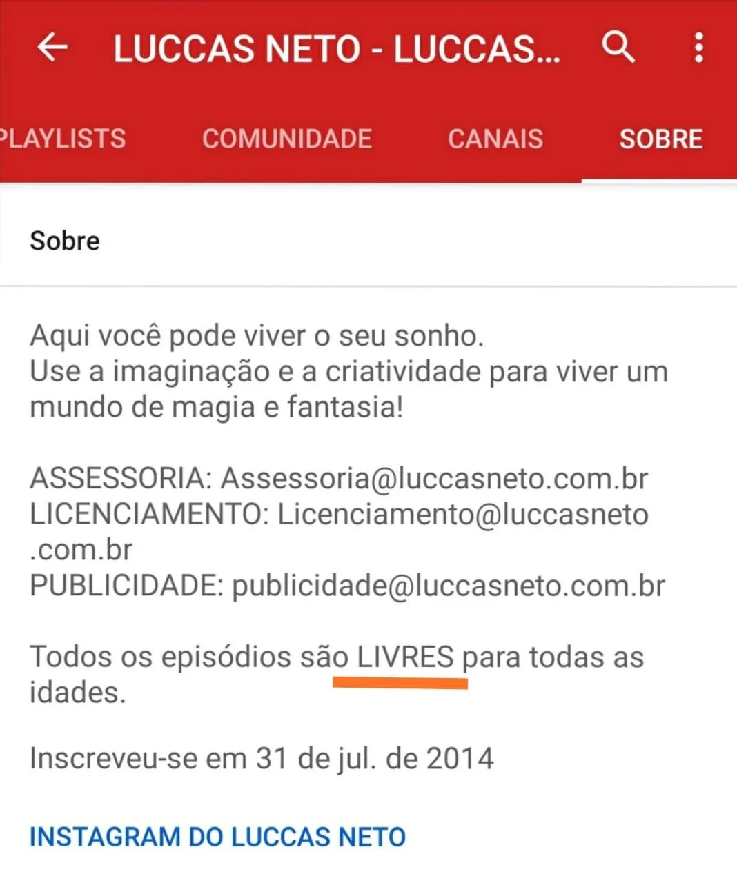 Descrição do canal de Luccas Neto, indicando classificação livre