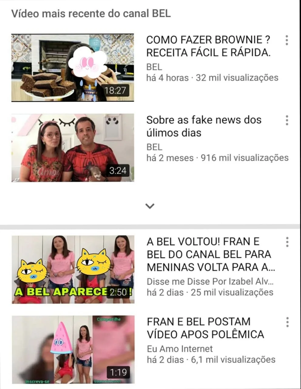 Resultado de uma busca recente do canal Bel para Meninas
