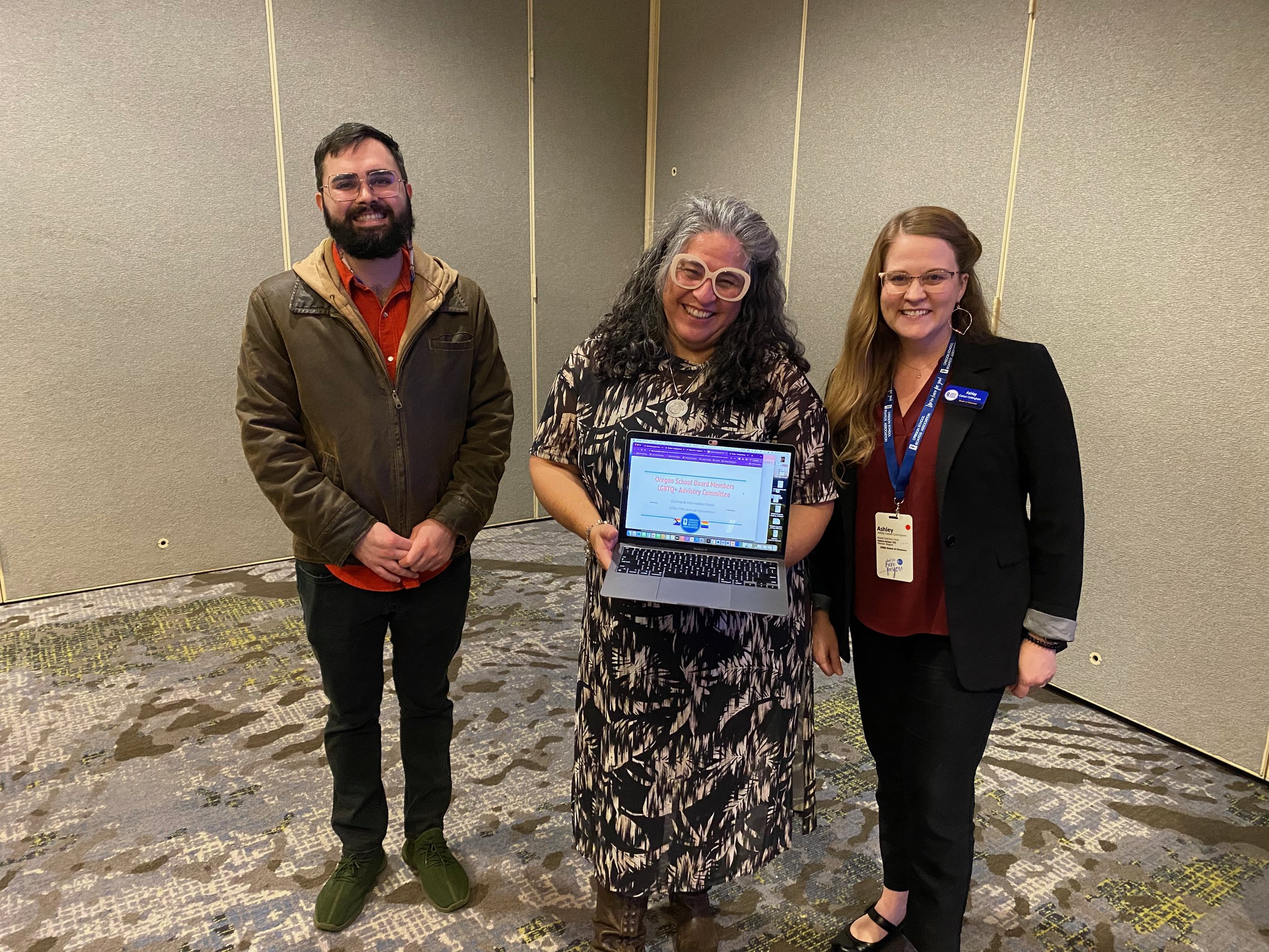 Ashley Carson Cottingham at OSBA with Gaby Gardiner (Basic Rights Oregon) and Guadalupe Martinez (State Board of Education)- presenting on the need for an LGBTQIA2S+ advisory committee