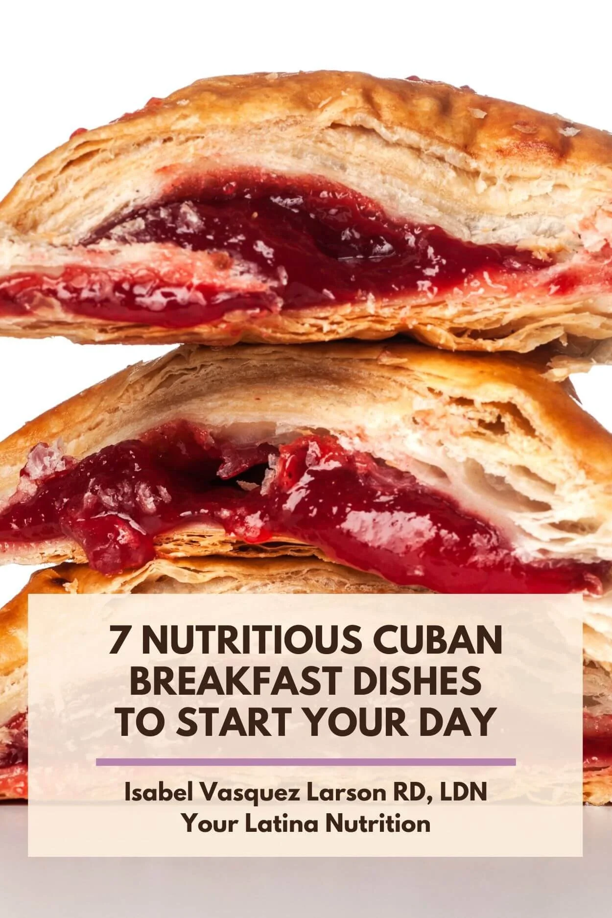 Text that says "7 Nutritious Cuban Breakfast Dishes to start your day" with a photo of guava pastelitos in the background