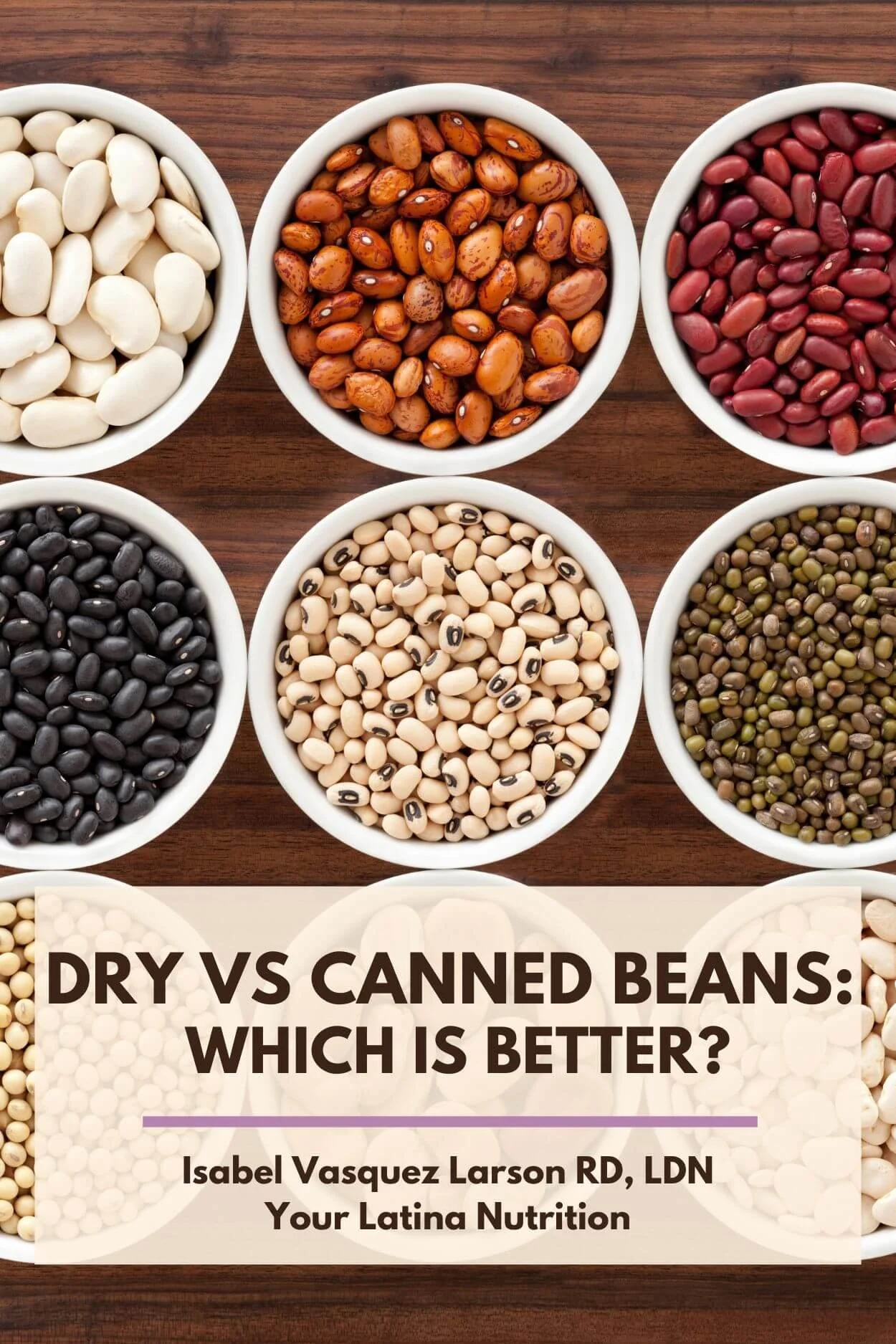 Text that says "Dry vs canned beans: which is better? with a photo of six bowls of different types of beans in the background