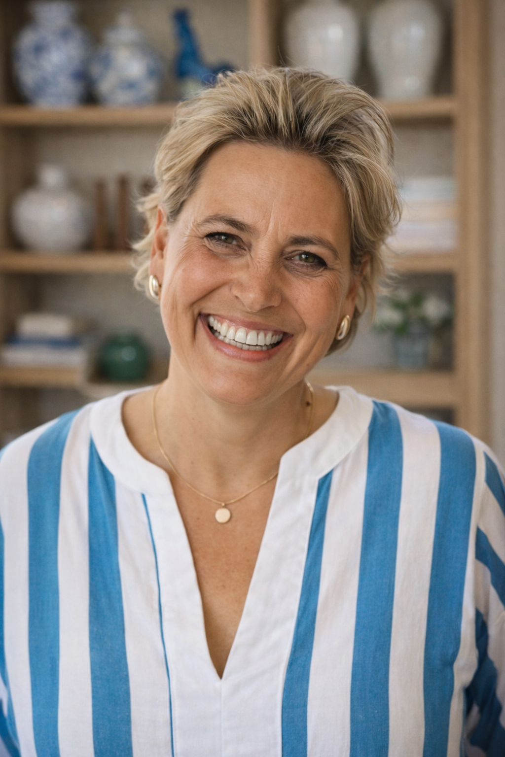 Smiling woman with short blonde hair wearing a blue and white striped blouse, standing in front of a wooden shelf with decorative vases and books.