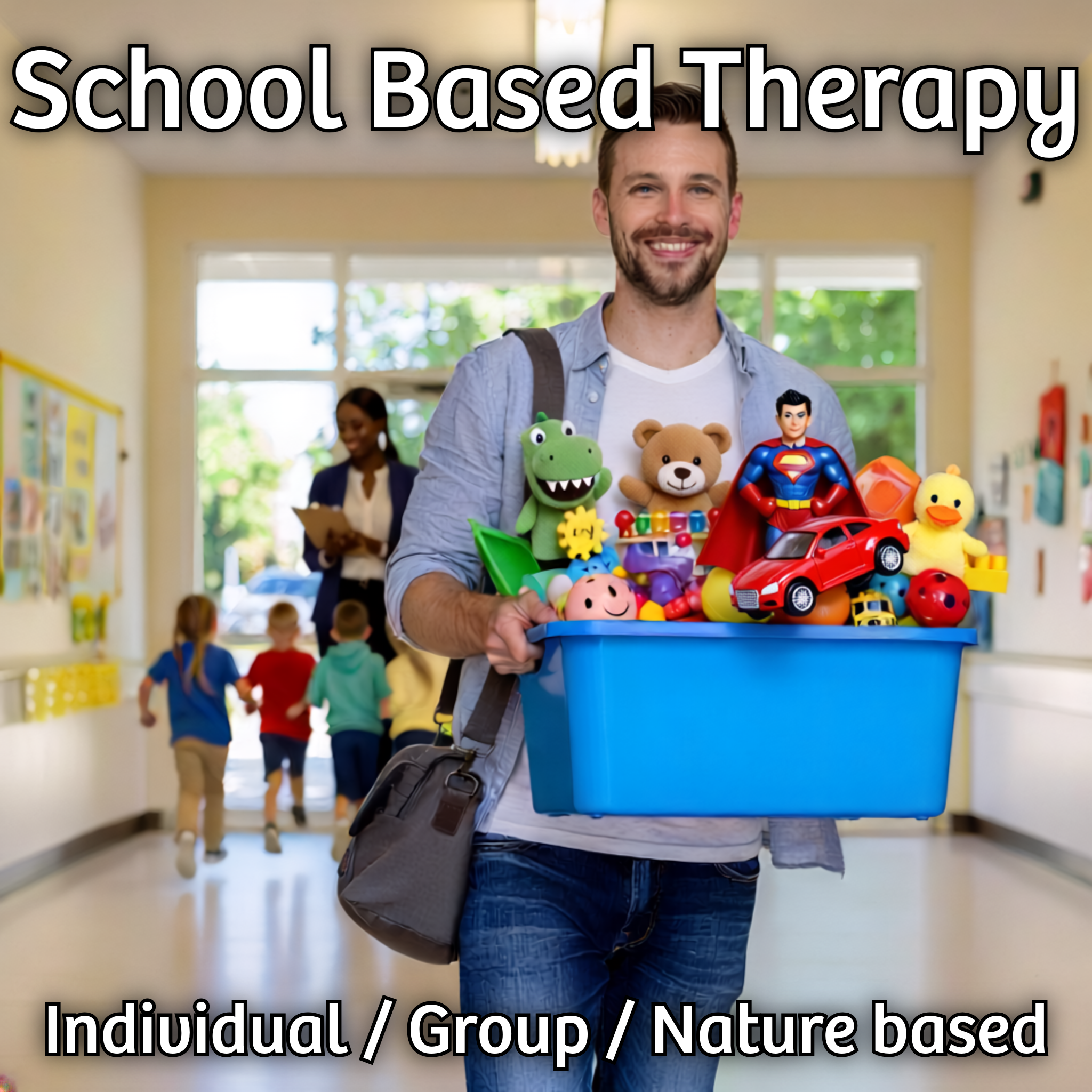 Male therapist walking along a primary school corridor carrying a box overflowing with a variety of toys.  Primary aged children and a teacher are visible in the background.