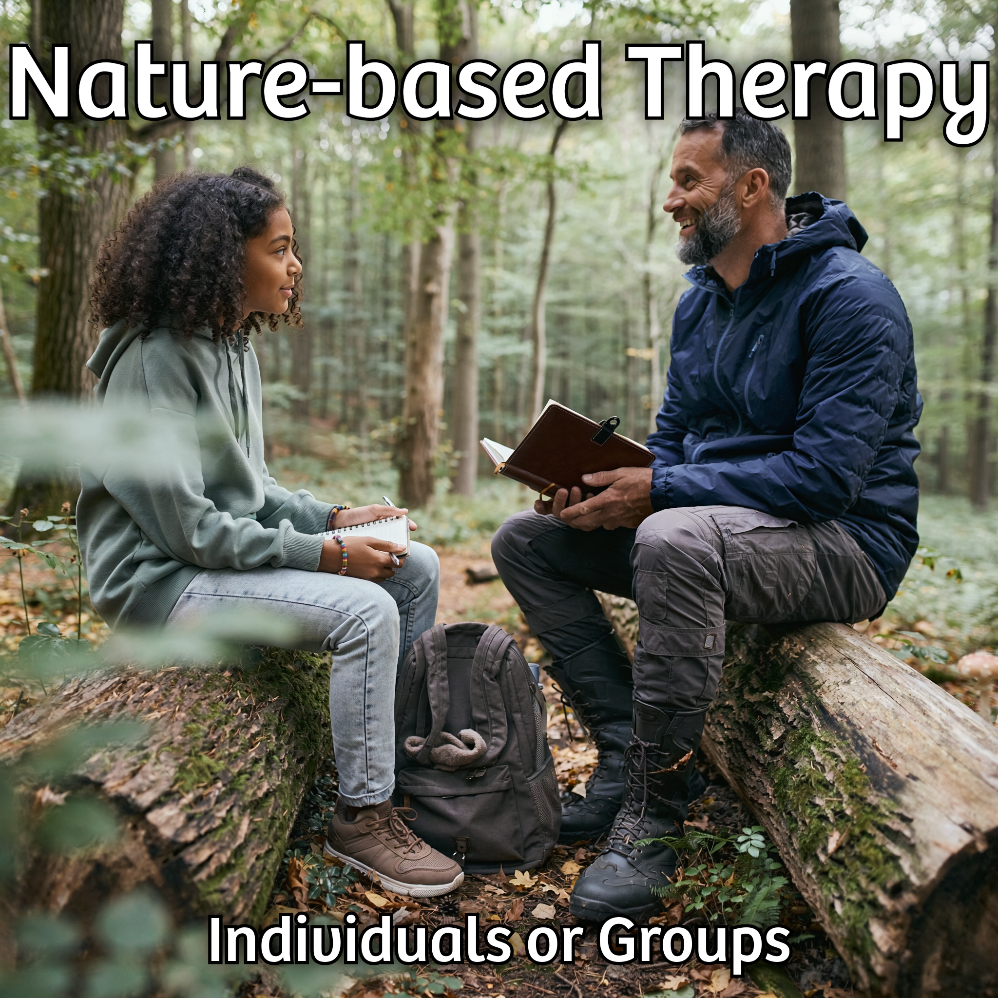 Teenage girl sat on a log talking with male therapist sat on a log in a woodland environment.