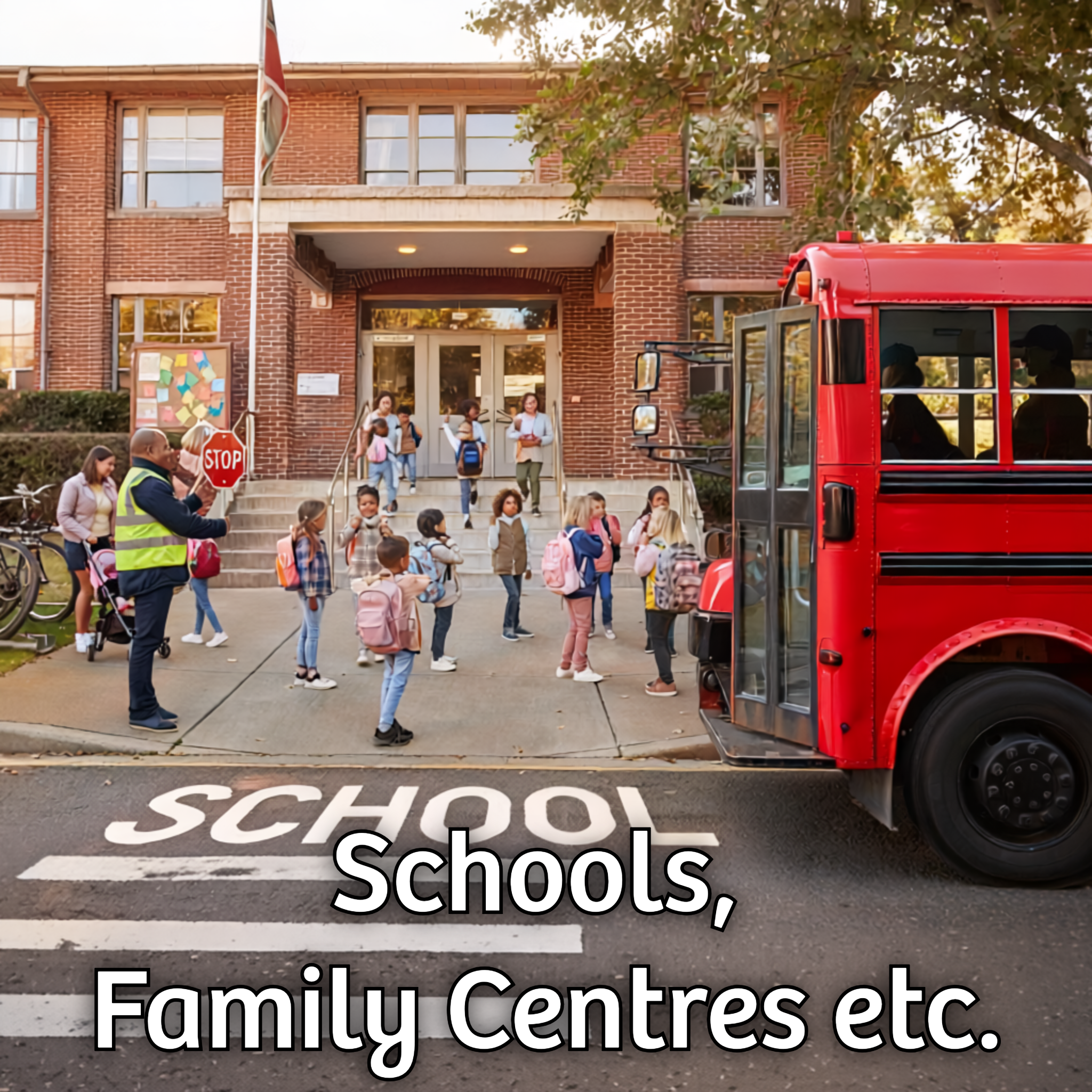 Children and adults stood outside a school building with a zebra crossing in the foreground.  The back of a red bus is visible on the road next to the crossing.