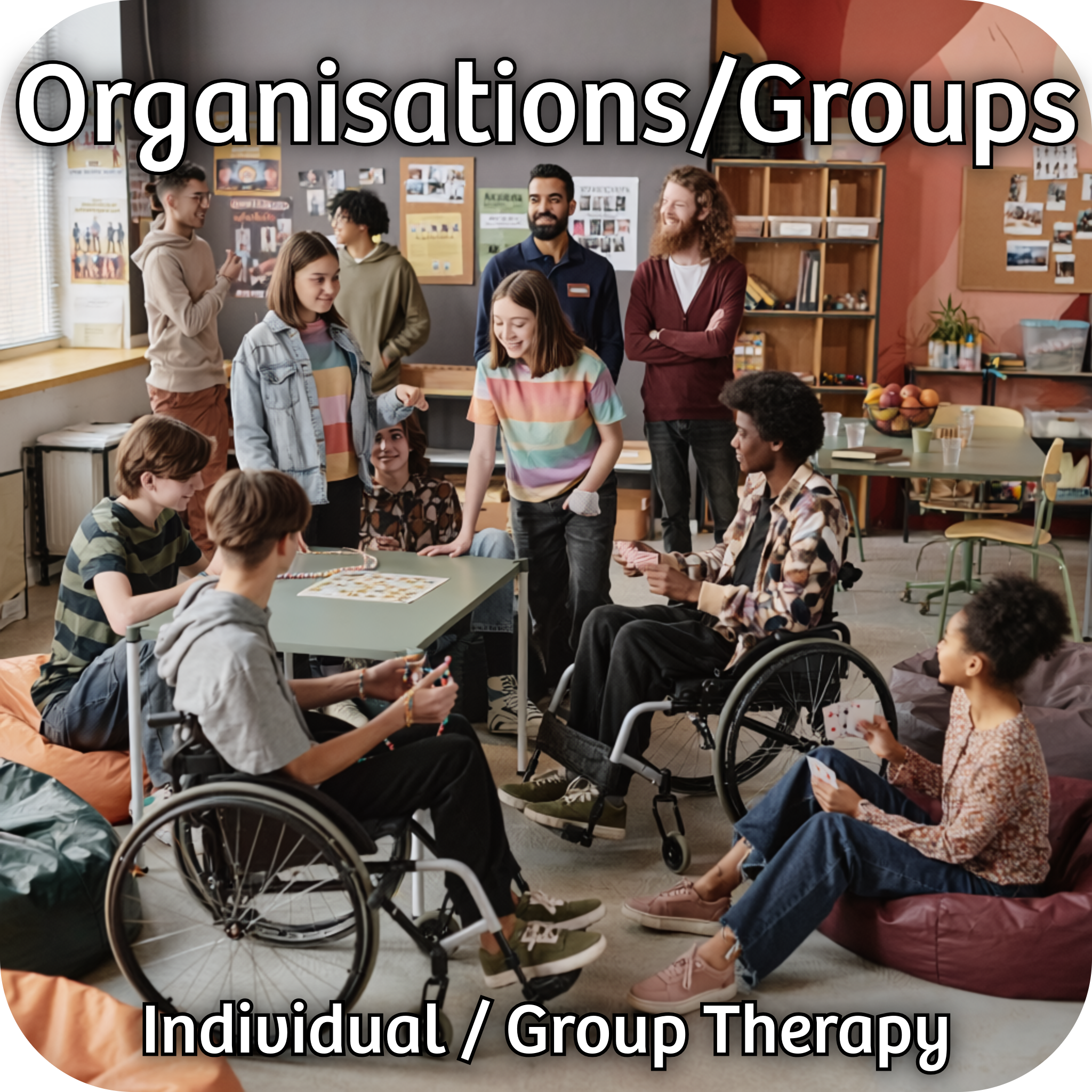 Group of teenagers and young adults socialising in a youth centre.  Young people are standing, sat on beanbags and sat in wheelchairs.