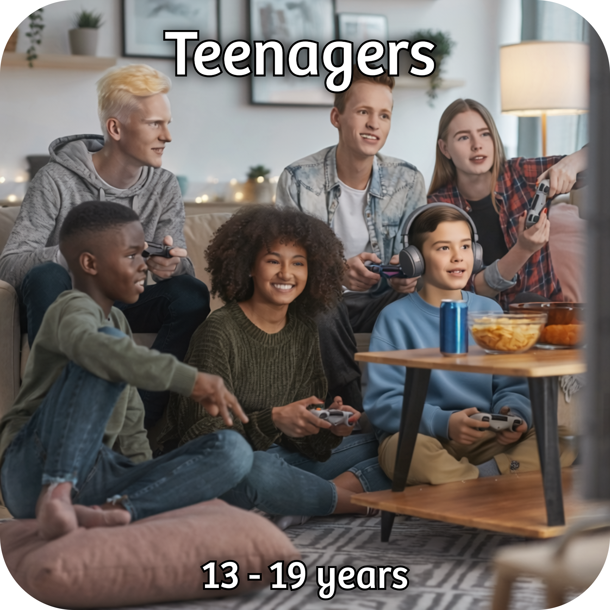 Group of teenagers sat holding games consoles in front of a television table. They look to be intently playing a computer game together.