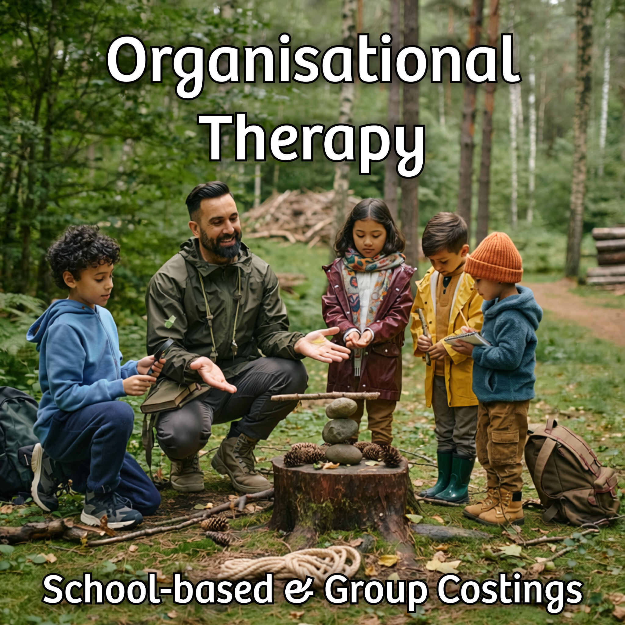 Small group of young children and a male therapist stood in a circle around a tree stump with stones stacked on it, in a woodland clearing.