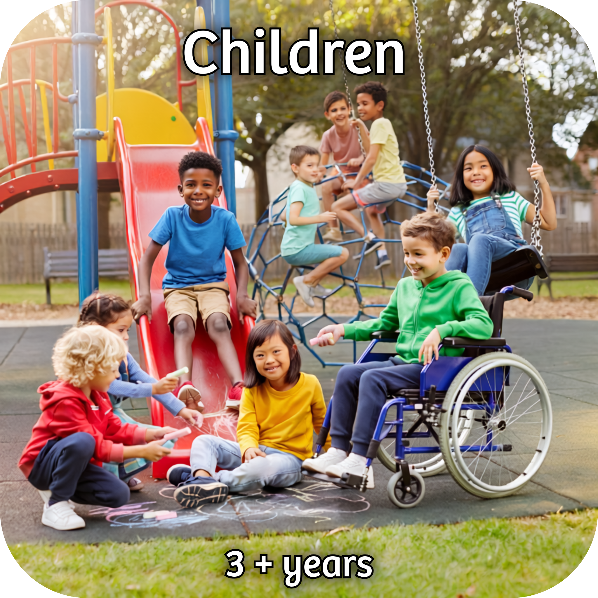 Group of children with a range of abilities and disabilities playing in a play park.