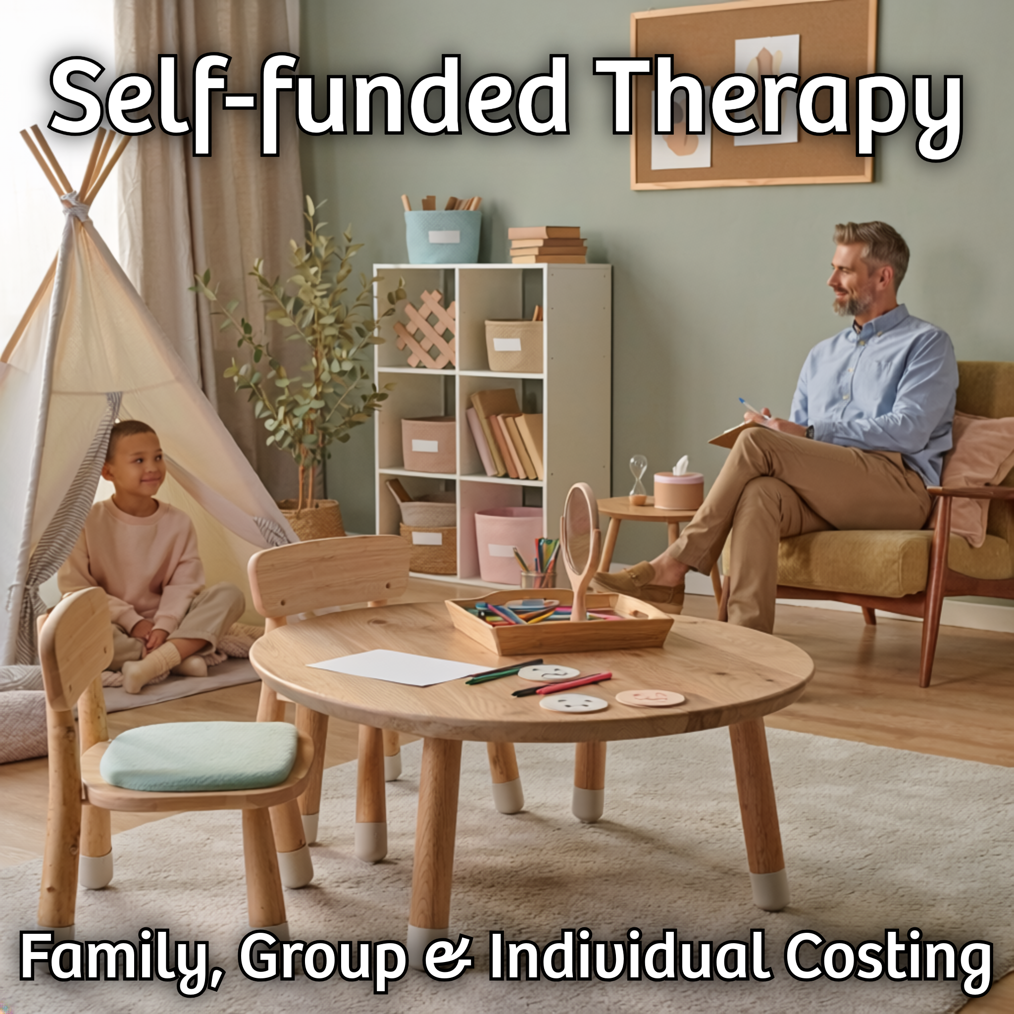 A male therapist sits in a chair watching a child in a teepee tent.  Infront is a table with paper, pens and toys on it.