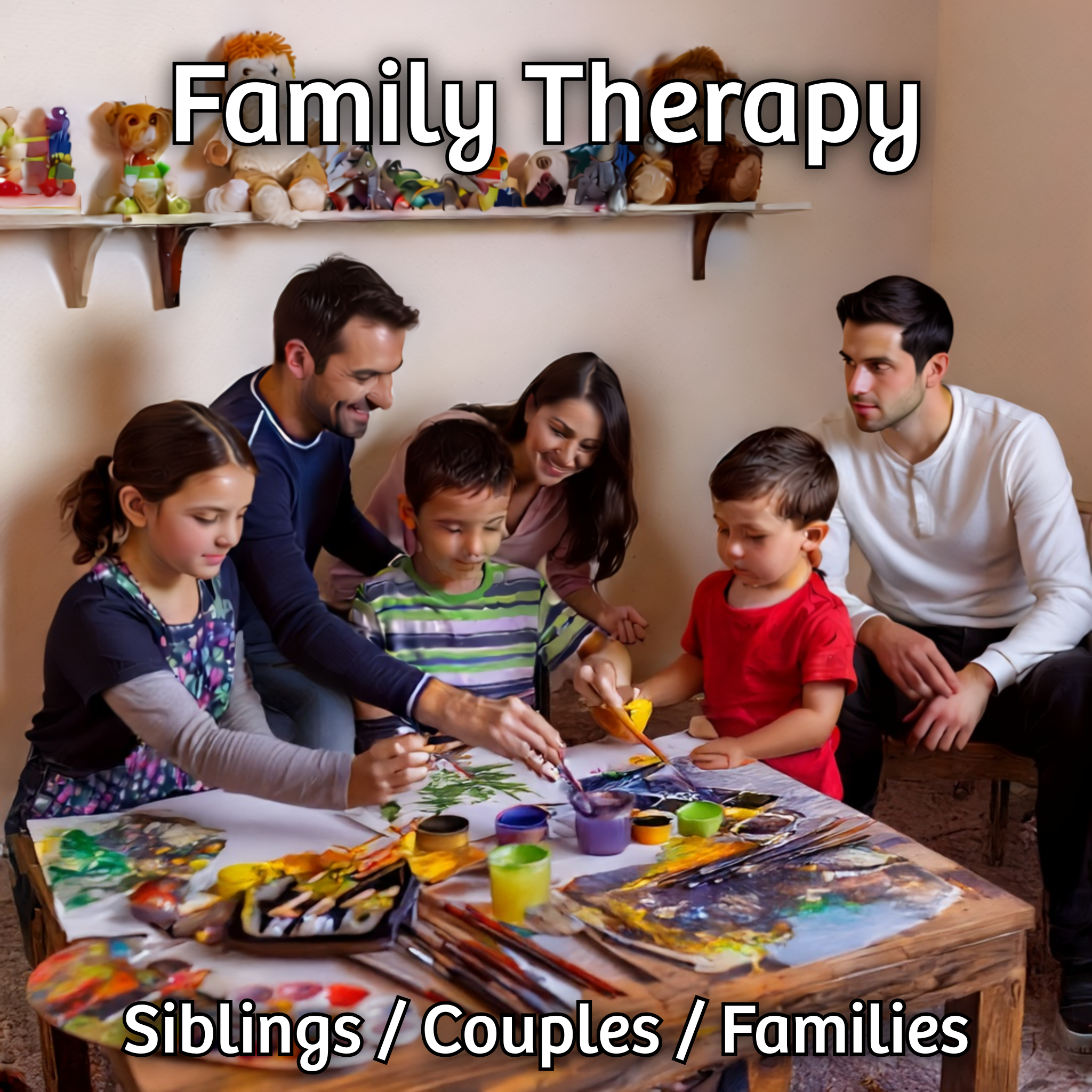 Three children with their mother and father painting creatively together on a table with a male therapist interestedly observing.