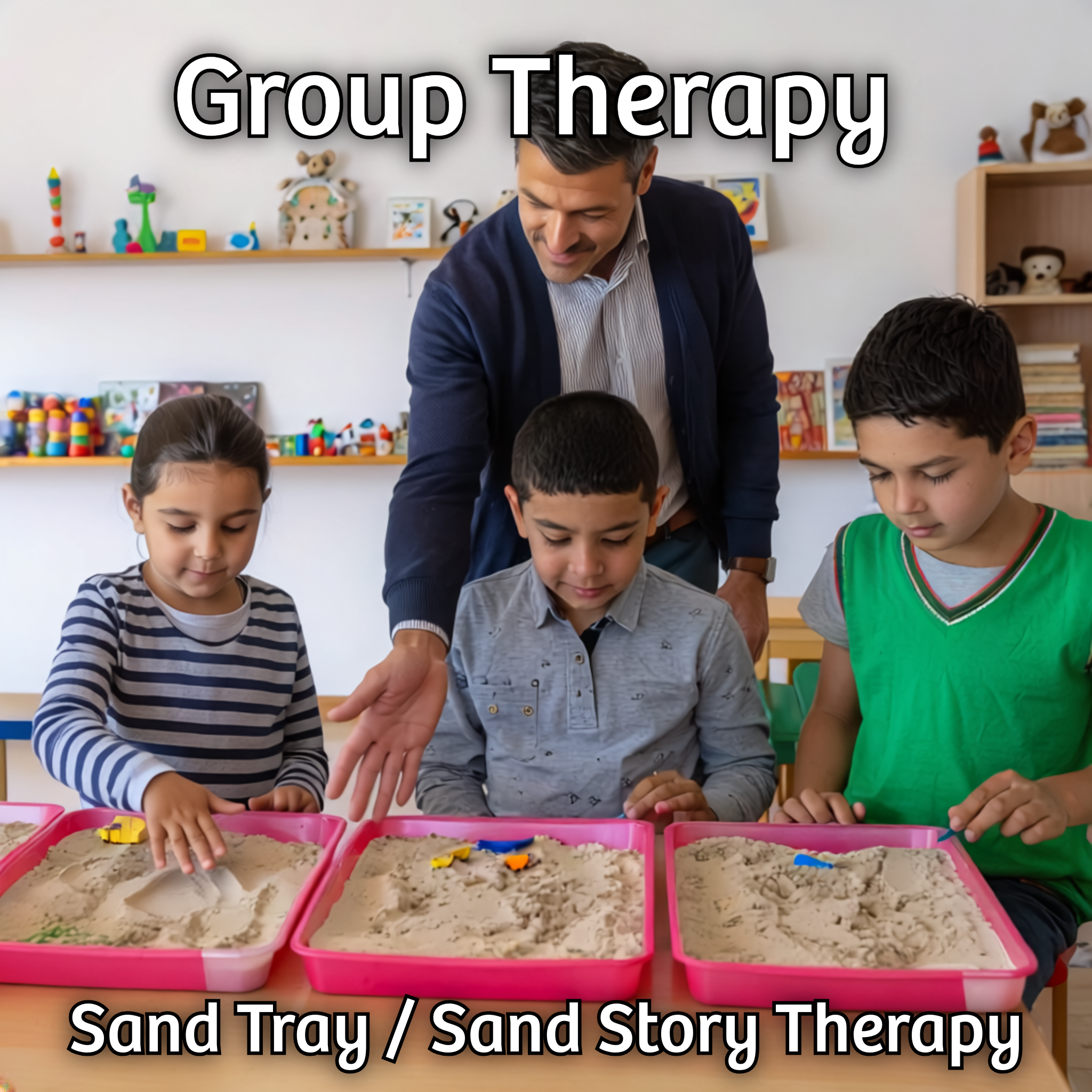 Girl and two boys playing in three sand trays.  Male therapist looking and reaching out to what they are doing.