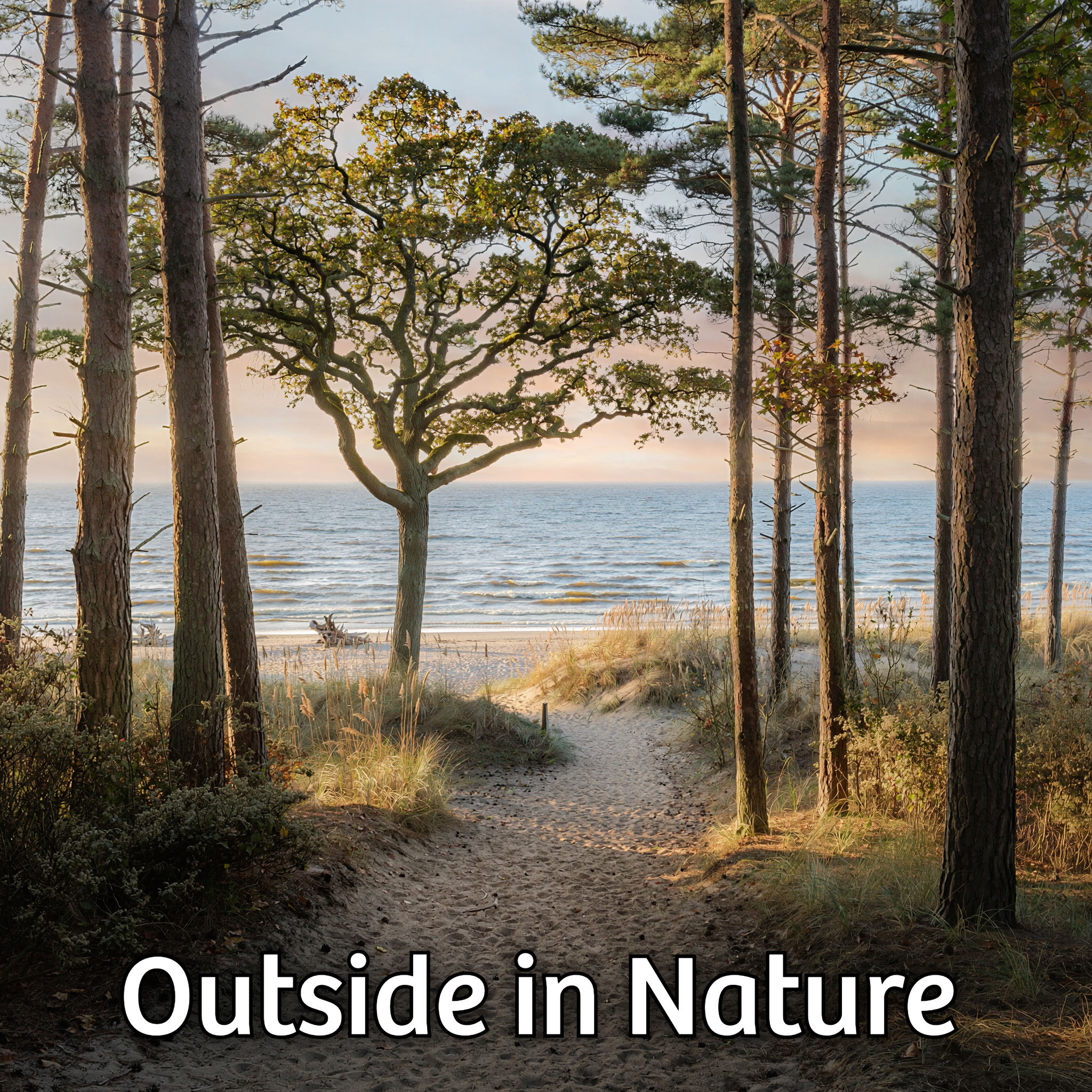 Picture of a sandy path winding through a woodland onto a beach with the sea and a sunset in the distance.