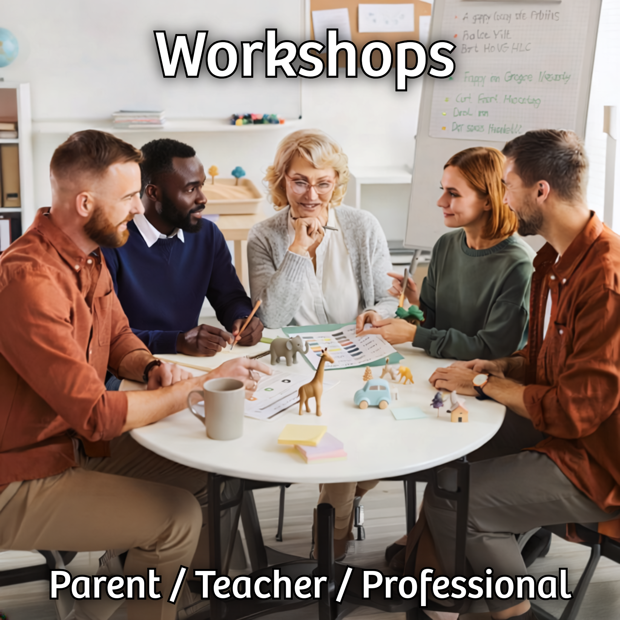 Five adults sat around a table with animal figurines and paper on it.