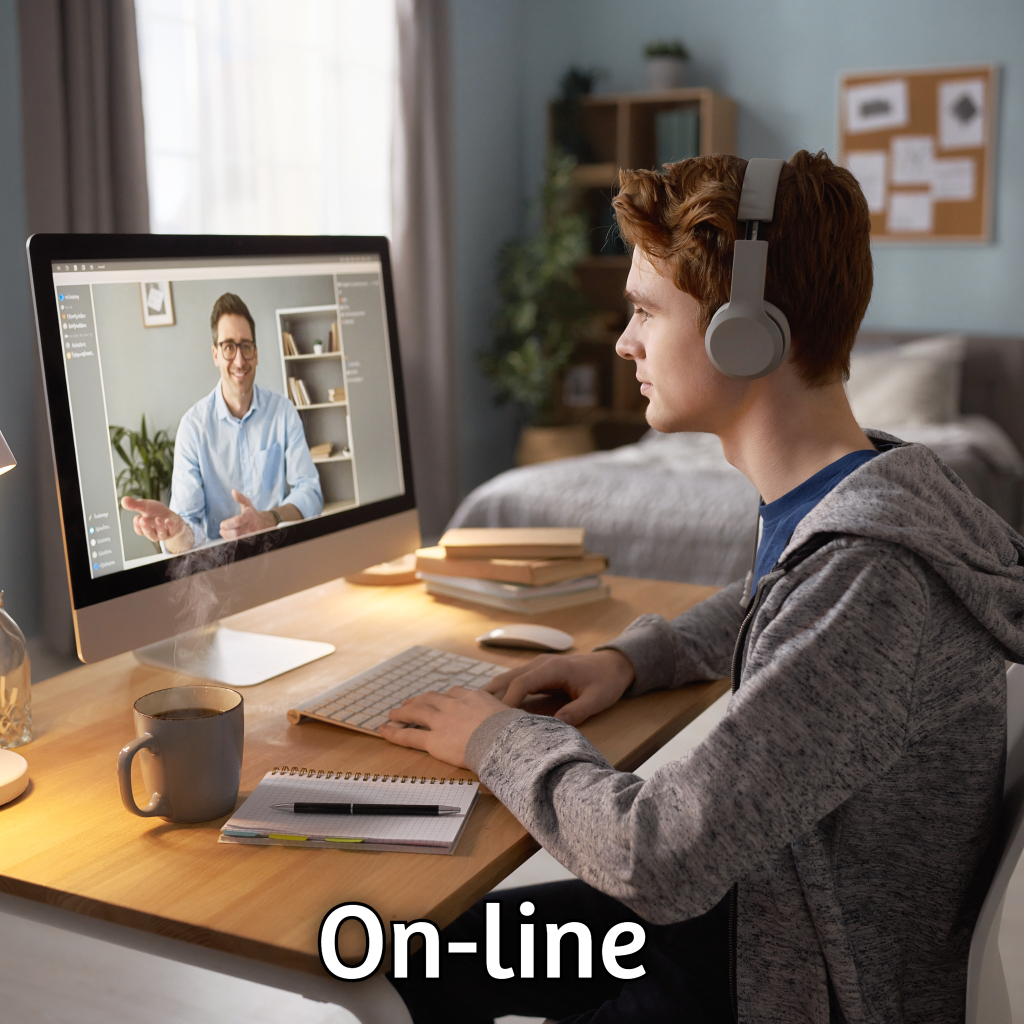 Teenager sat in front of a computer screen with headphones on interacting with a male therapist who is visible on the computer screen.