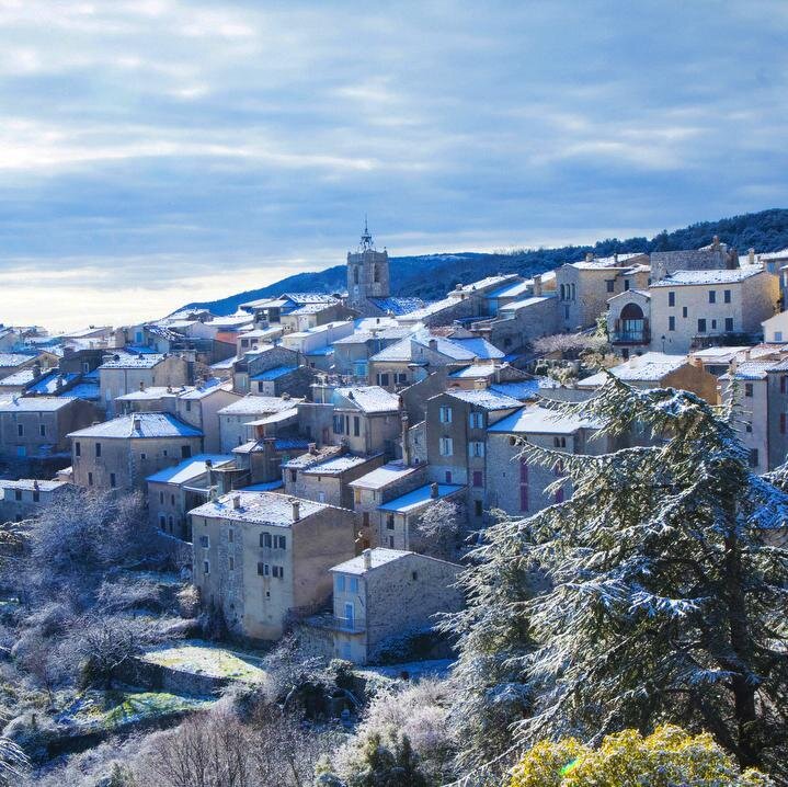 The perched hill village of Mons en Provence, under a blanket of snow, Valentine's Day.