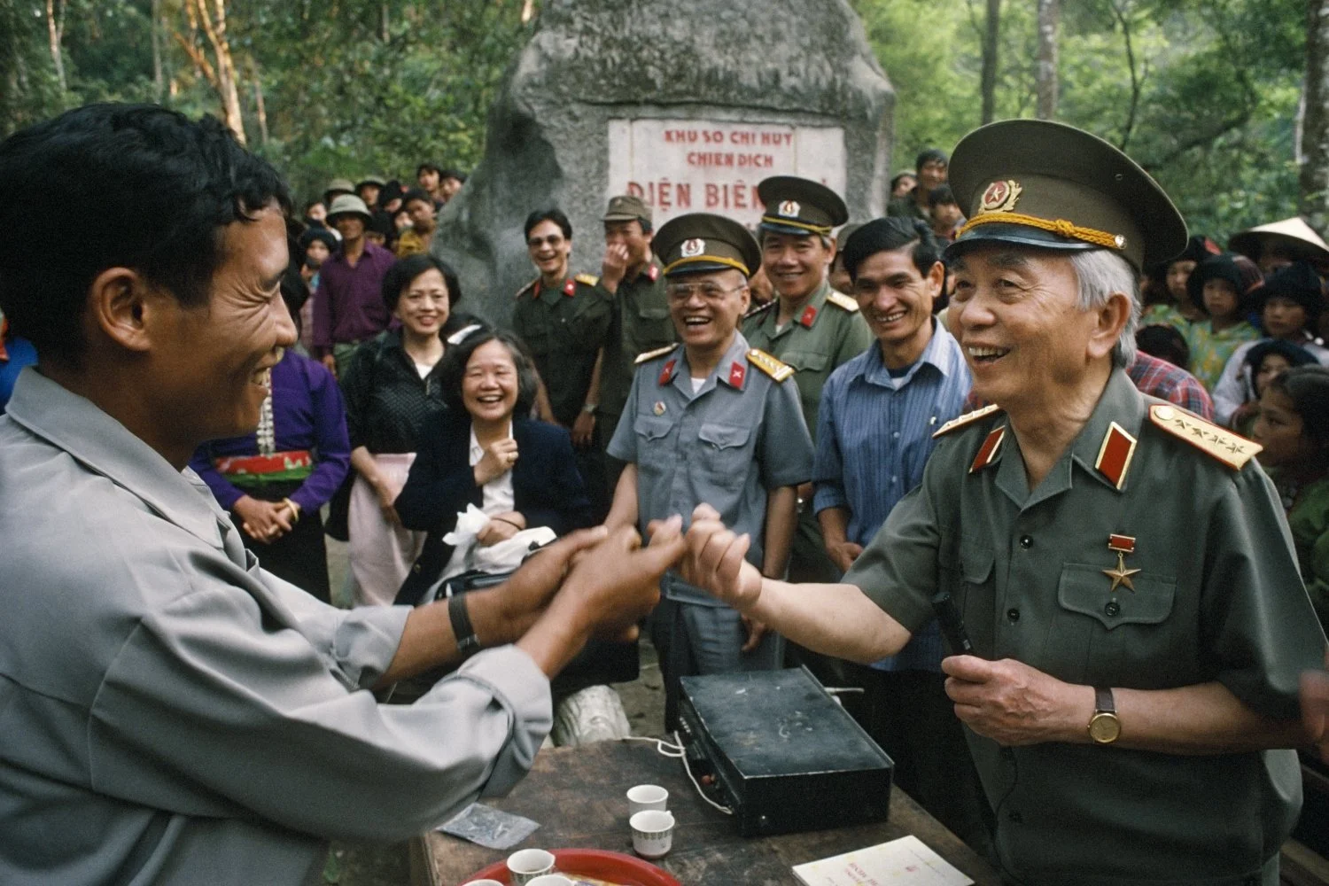 GENERAL GIAP GREETS VILLAGERS, DIEN BIEN PHU, 1994