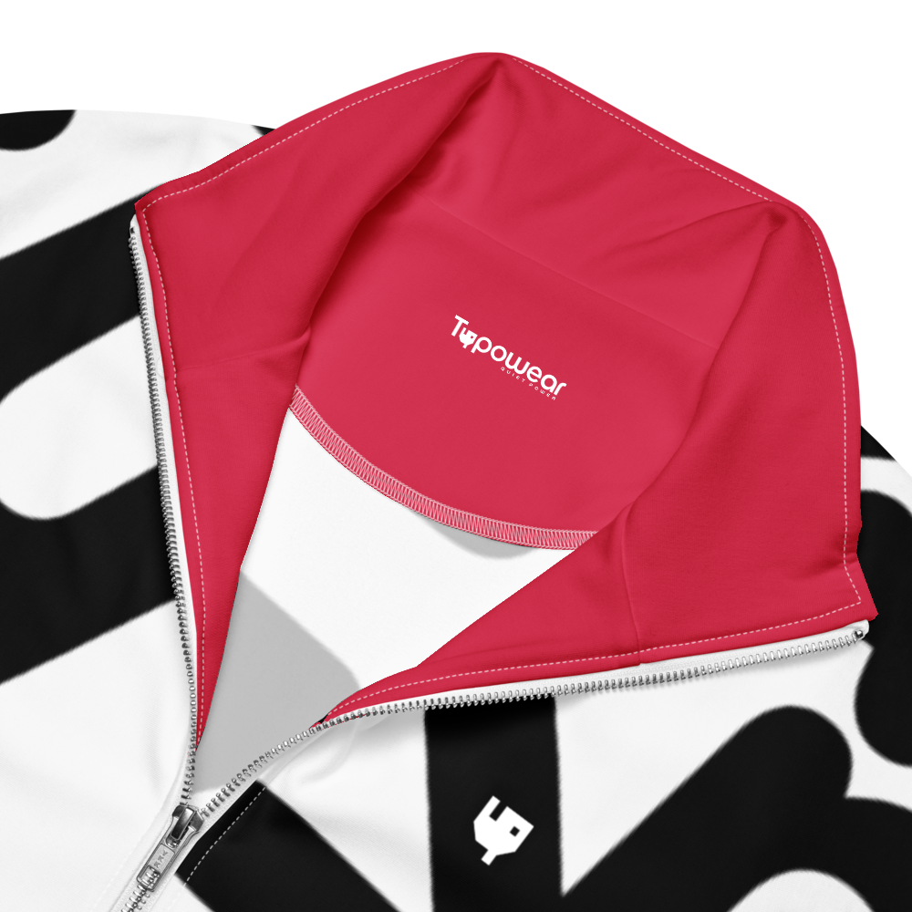 Messy track jacket inside view – pink lining with Typowear label and structured seam.
