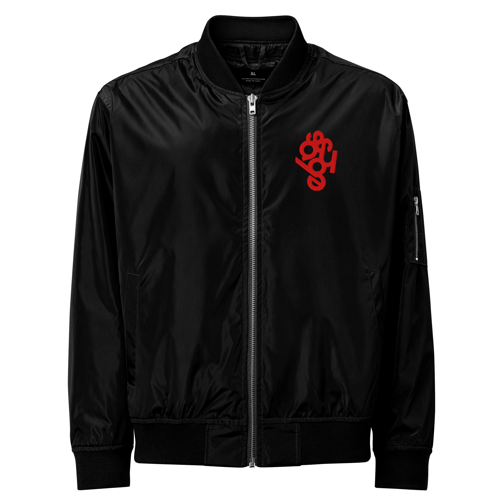 Front view of black bomber jacket with red embroidered 'asshole' typographic logo on chest.
