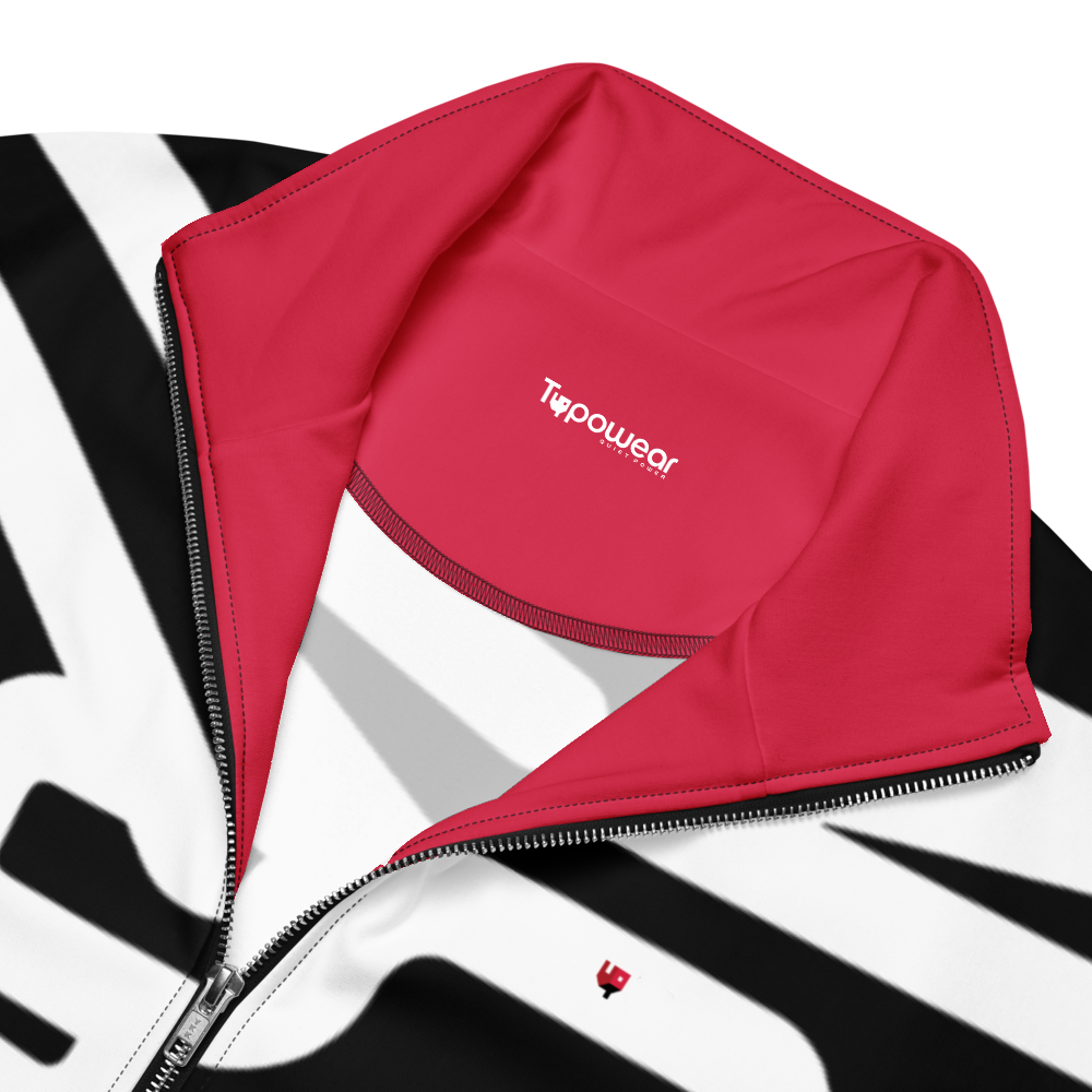 Messy track jacket inside view – pink lining with Typowear label and structured seam.