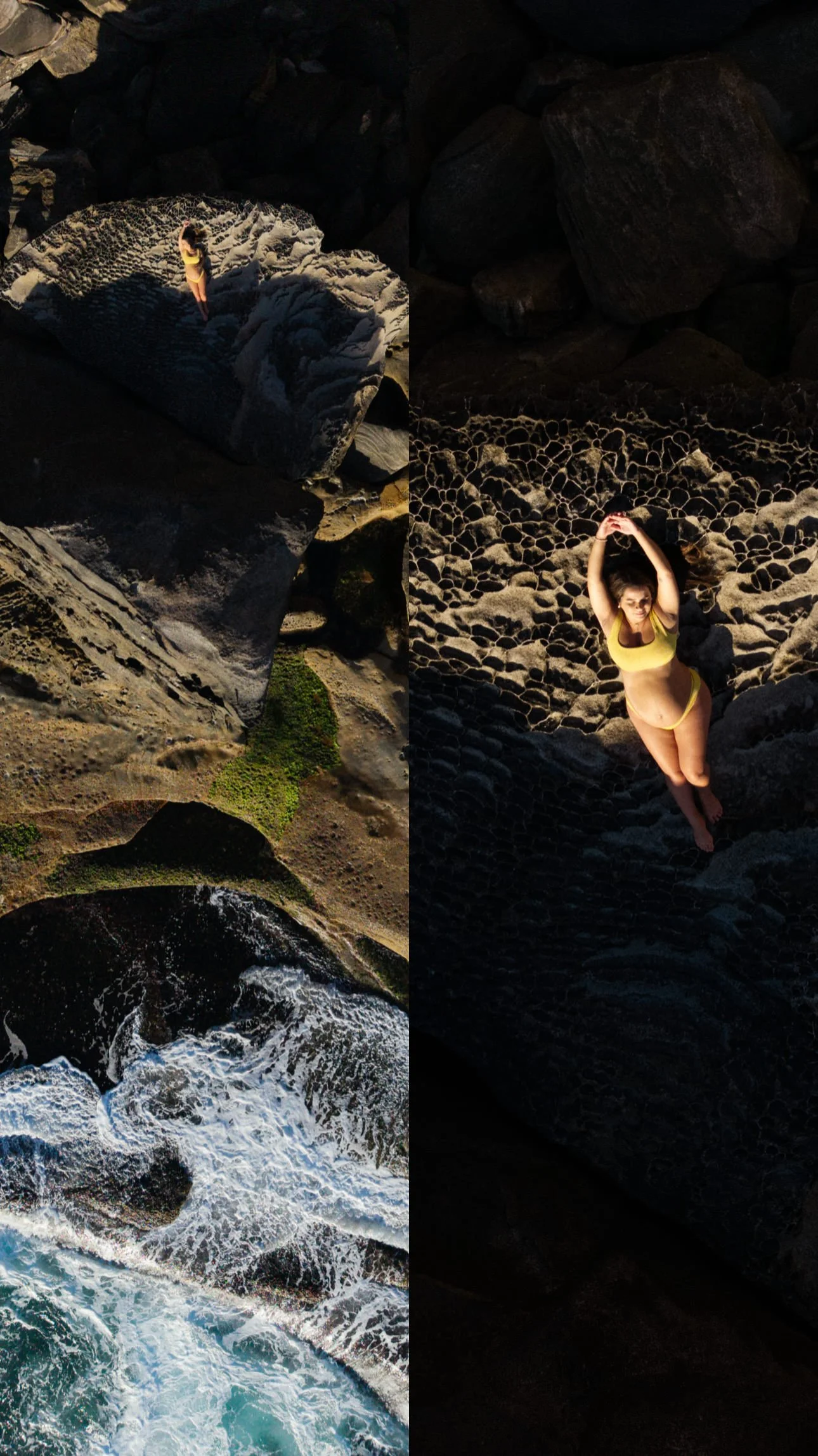 A split view of a coastal scene with cliffside and ocean waves on one side, and a woman in a yellow bikini lying on rocky terrain on the other.